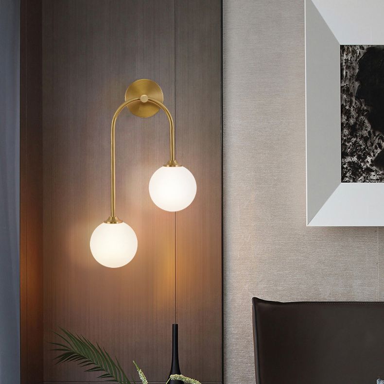 Valentina Modern Arc Globe Glass Wall Lamp, Brass, Living Room - Neutral Decor