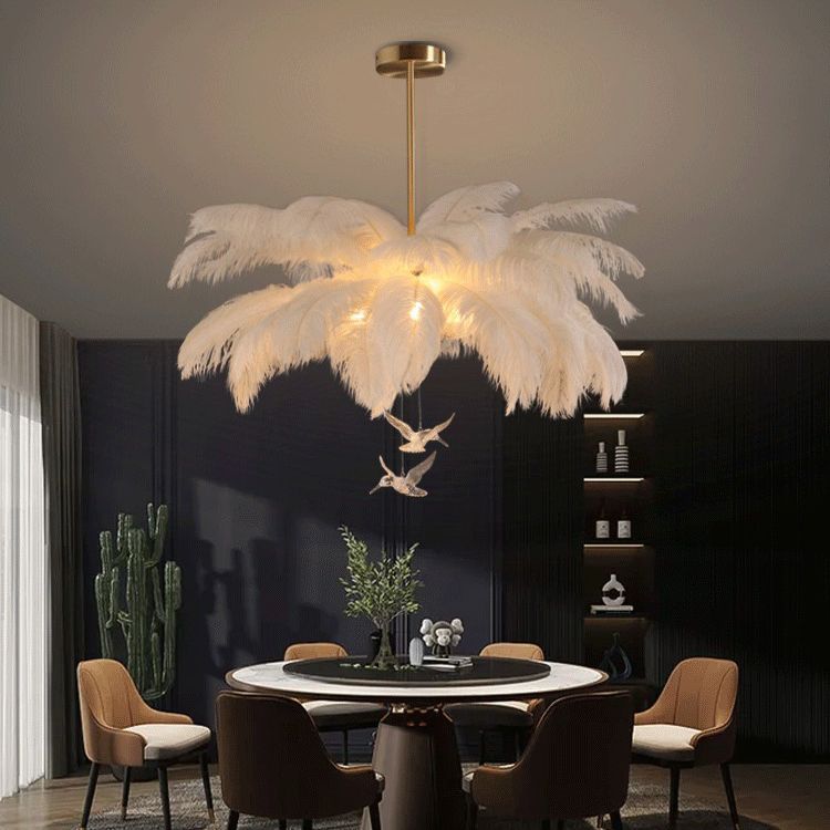O'Moore Ostrich Contemporary Elegant Feather Chandelier, White - Neutral Decor
