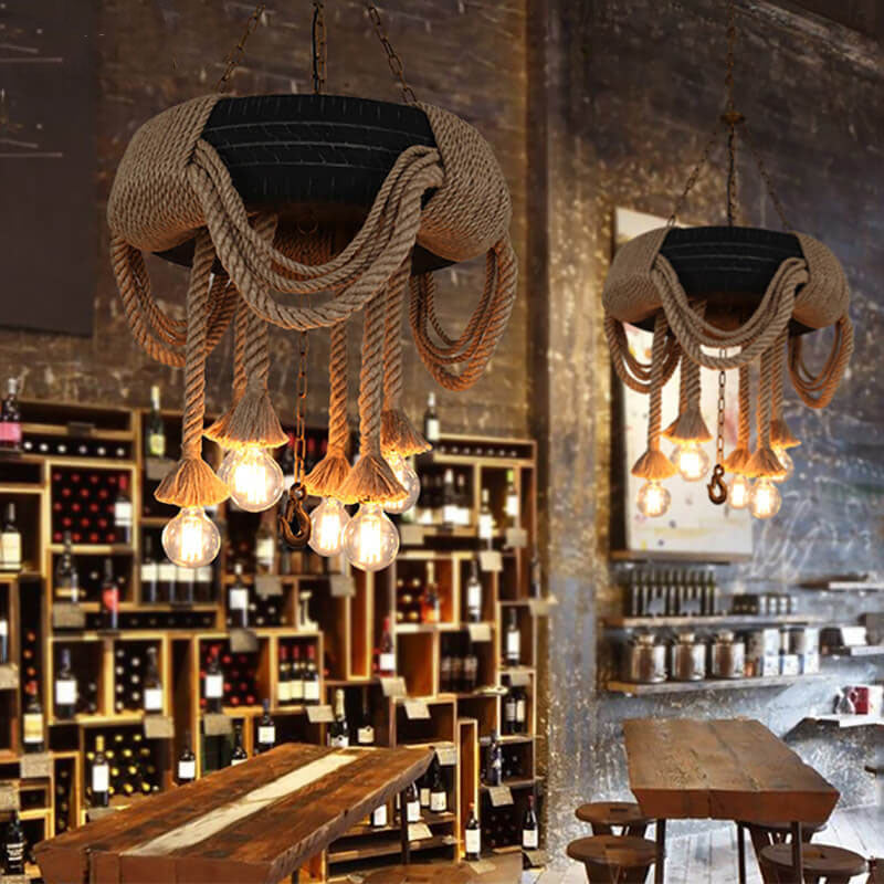 Epoch Vintage Industrial Chandelier Hemp Rope Tyre Dining Room - Neutral Decor