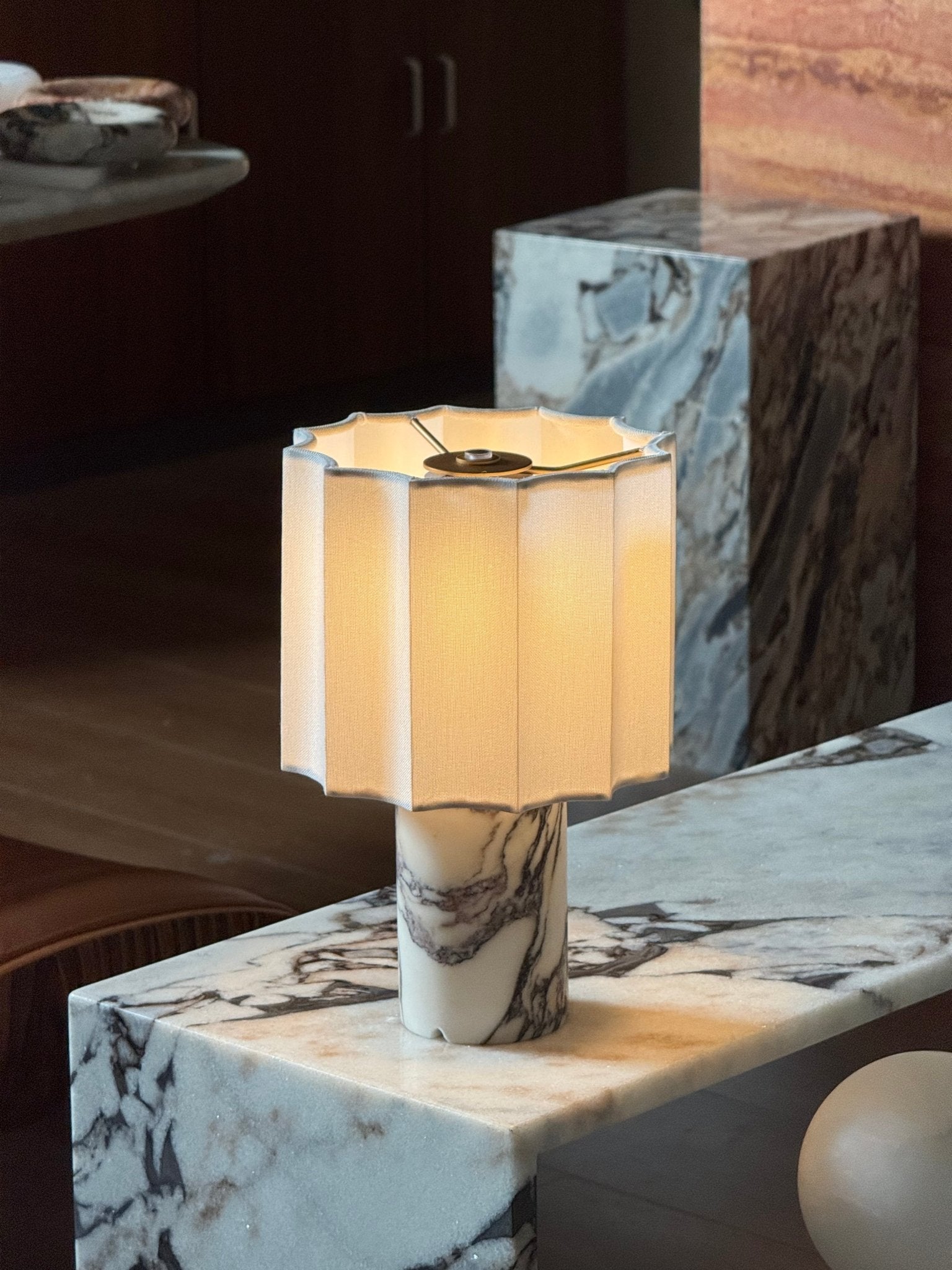 Serenity Pleated Fabric & Marble Table Lamp-Neutral Decor