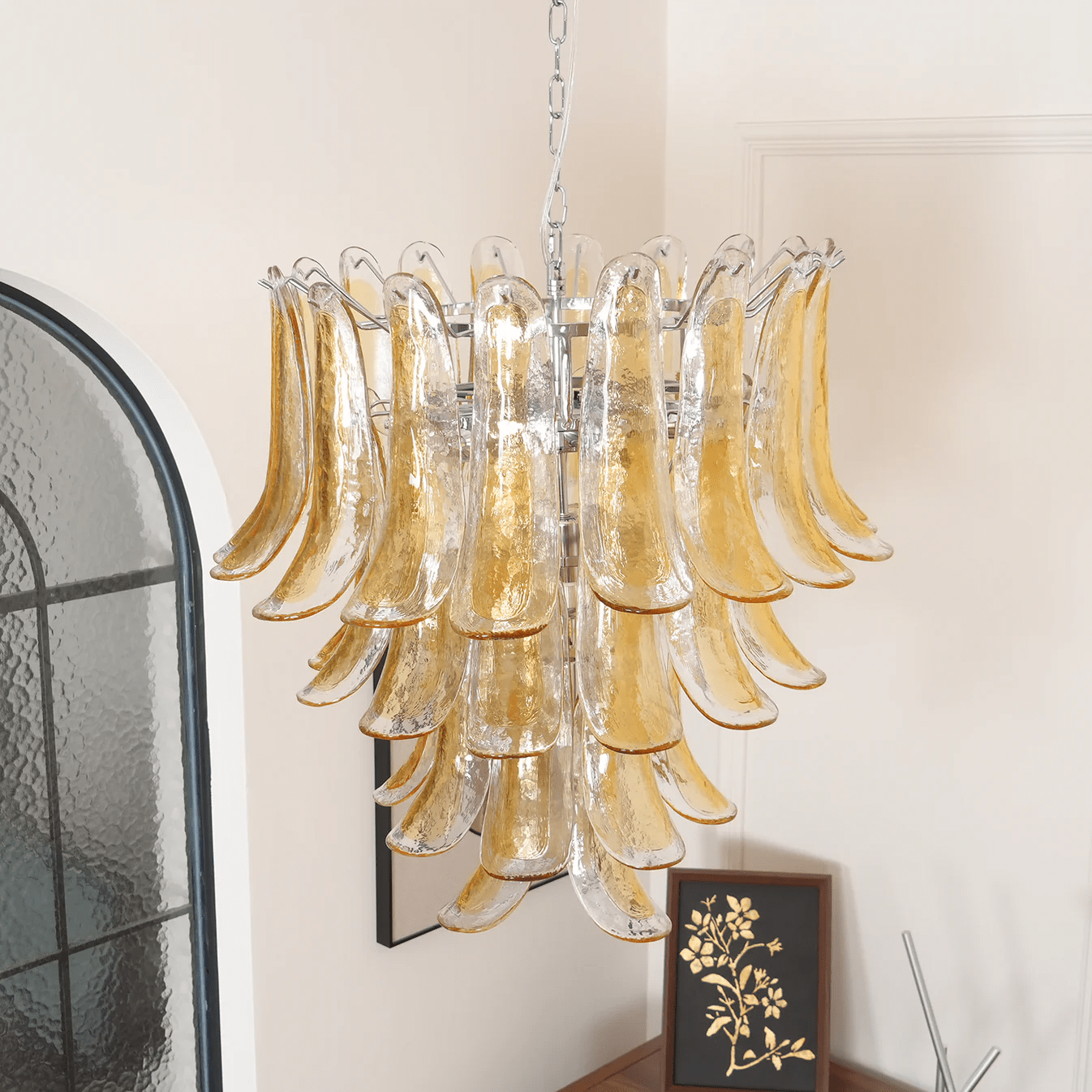 Aurora Chandelier Amber Lily Murano Glass Layered Centerpiece-Neutral Decor