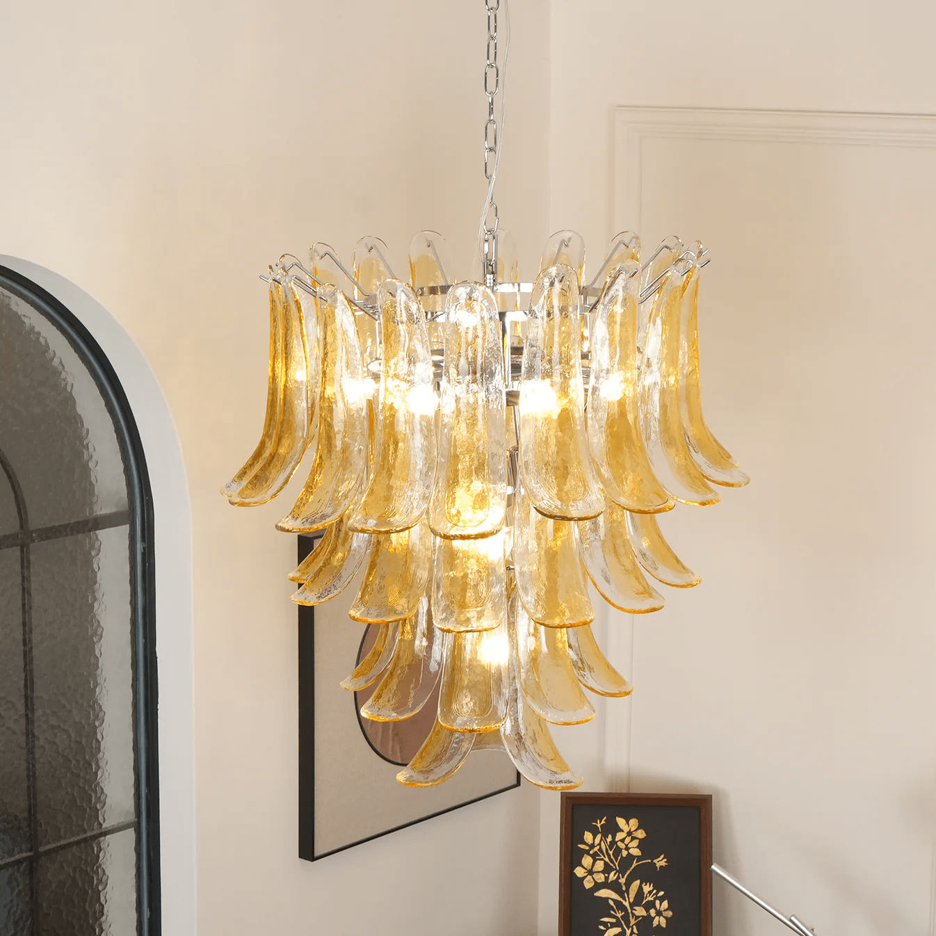 Aurora Chandelier Amber Lily Murano Glass Layered Centerpiece-Neutral Decor