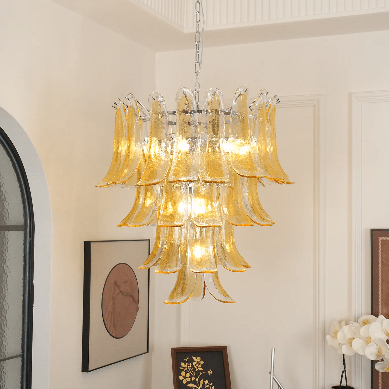 Aurora Chandelier Amber Lily Murano Glass Layered Centerpiece-Neutral Decor
