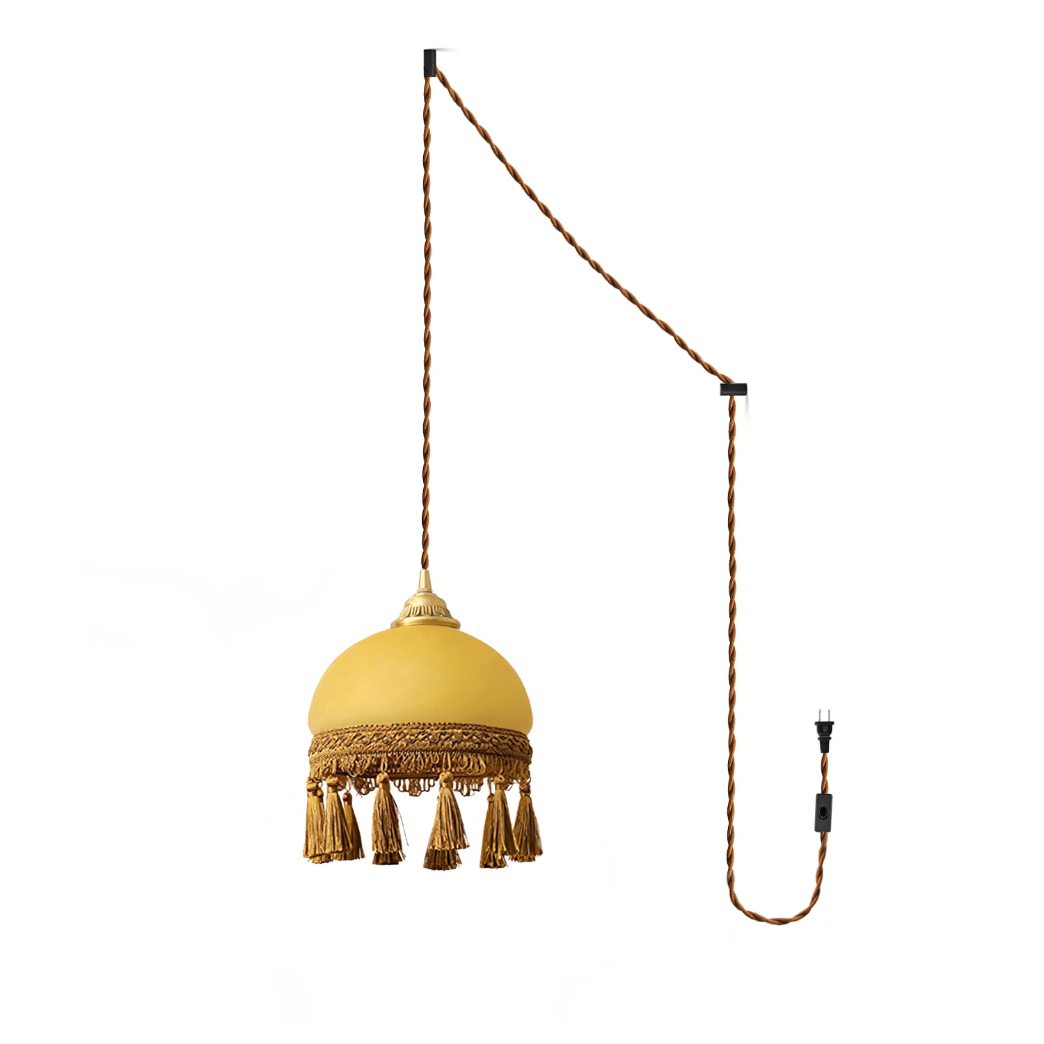 Sycaran French Tassels Swag Brass Glass Fabric Pendant Light-Neutral Decor