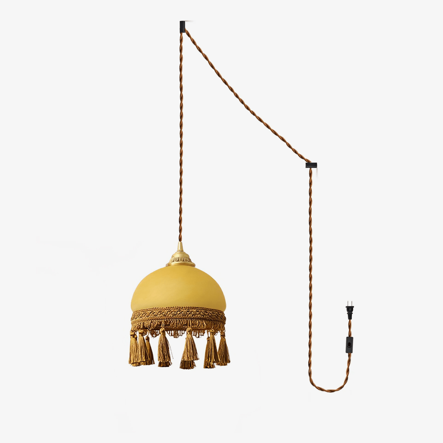 Sycaran French Tassels Swag Brass Glass Fabric Pendant Light-Neutral Decor