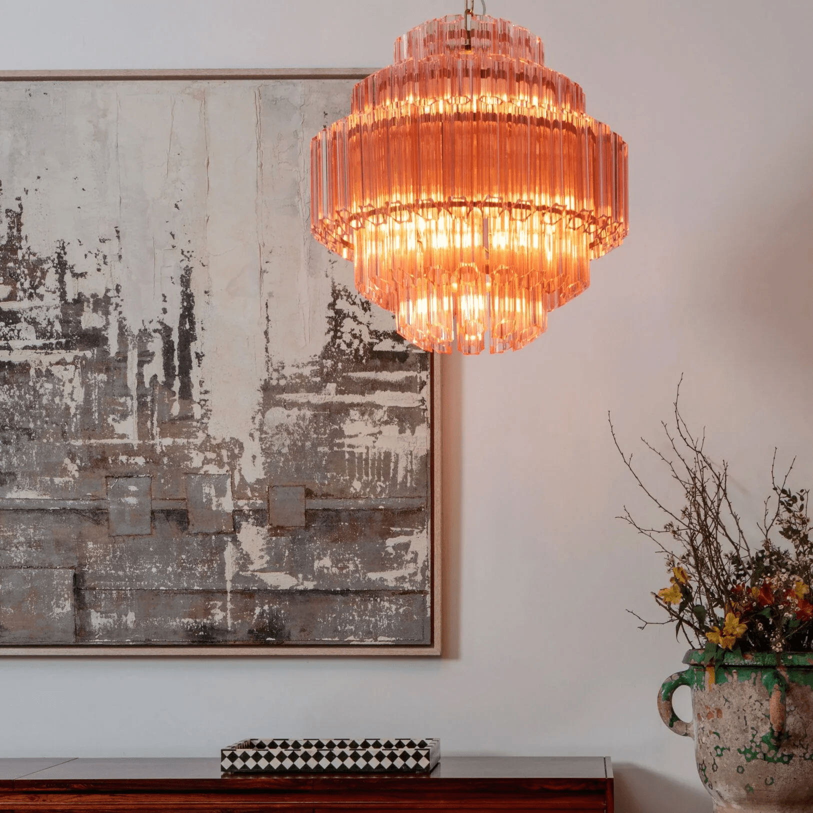 Aurora Chandelier Pink Glass Tube Layered Diamond-Neutral Decor