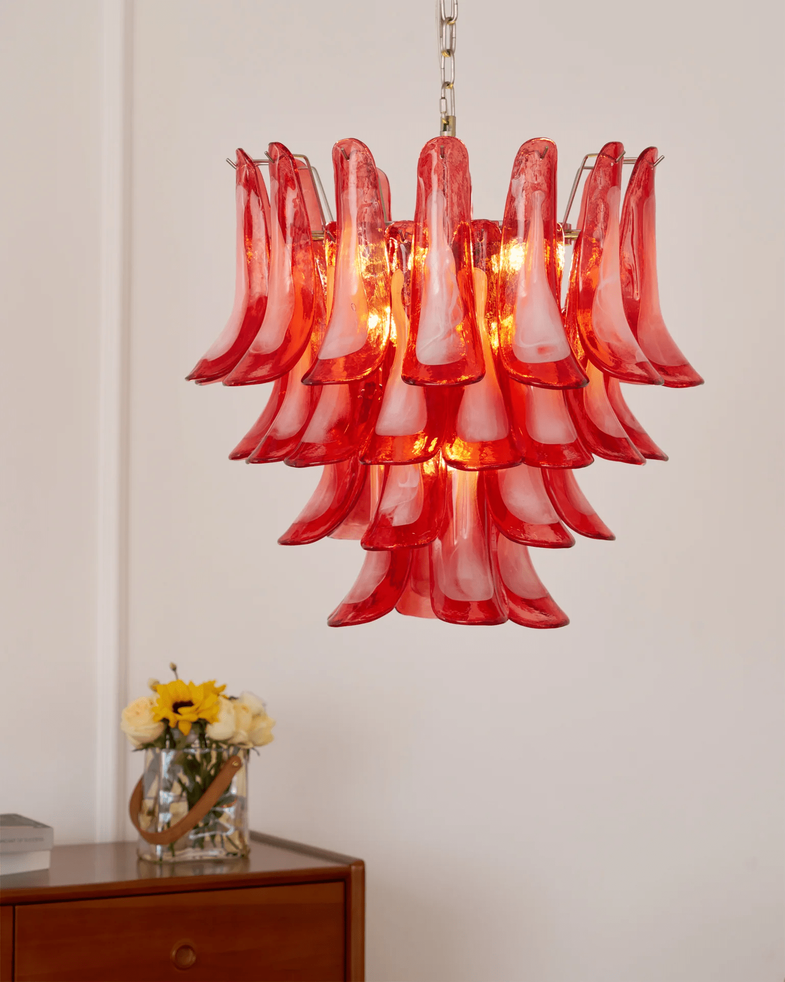 Aurora Chandelier Crimson Murano Glass Petals Layered Vintage-Neutral Decor