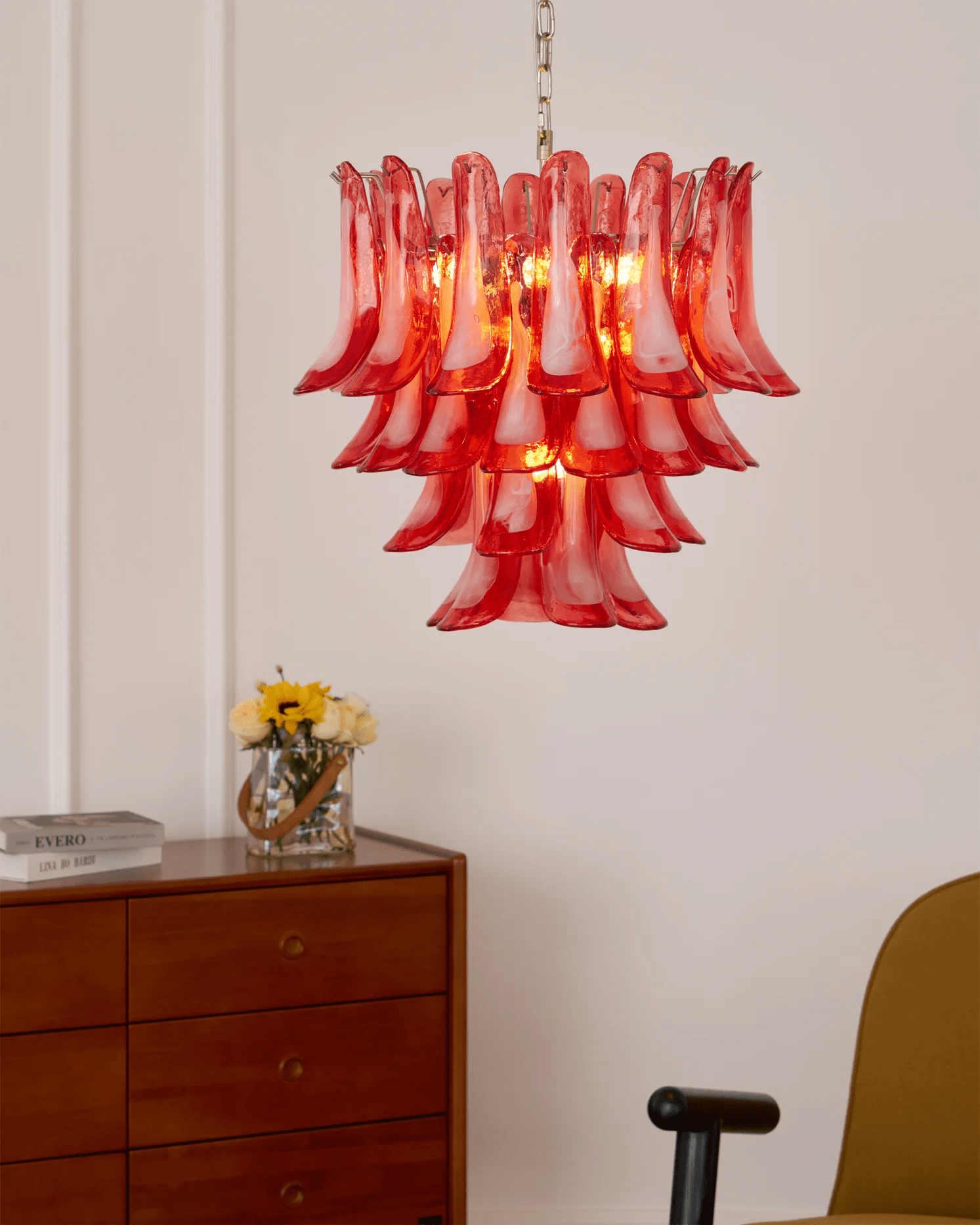 Aurora Chandelier Crimson Murano Glass Petals Layered Vintage-Neutral Decor