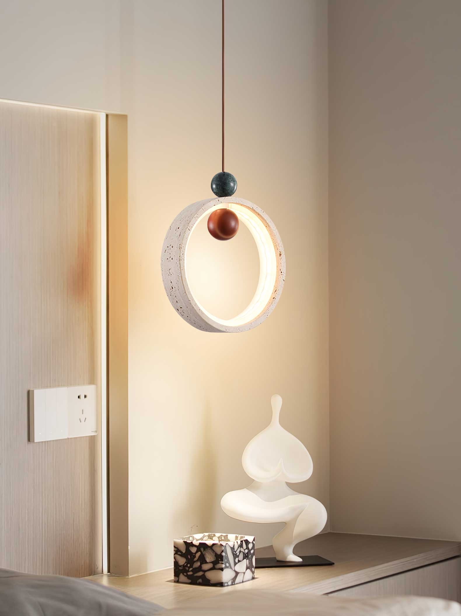 Vovinyra Circular Travertine Pendant Light-Neutral Decor