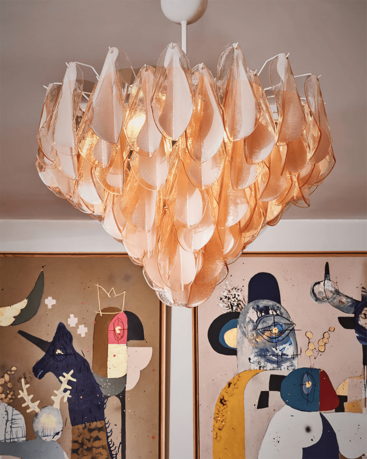 Aurora Chandelier Amber Murano Glass Oval Drops Layered-Neutral Decor