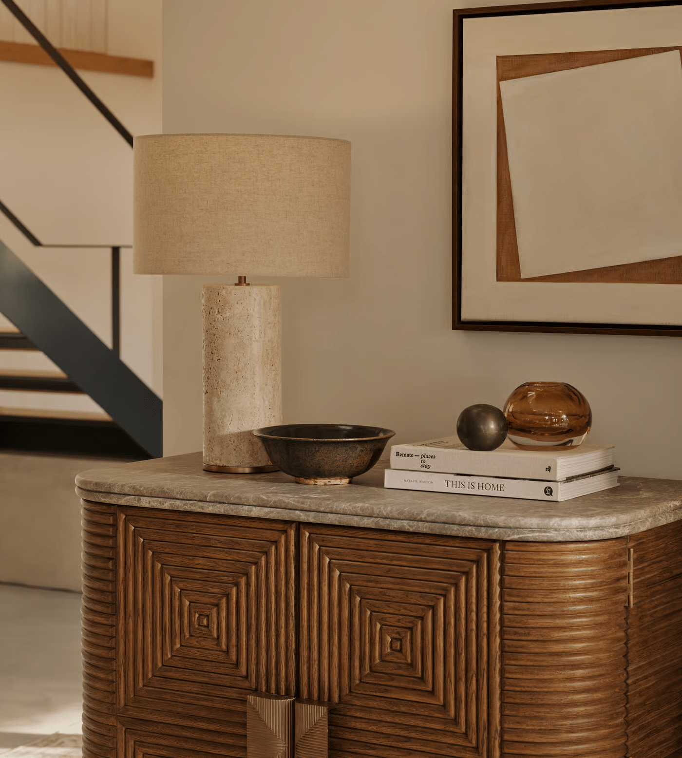 Vonoryra Cylindrical Travertine Table Lamp-Neutral Decor