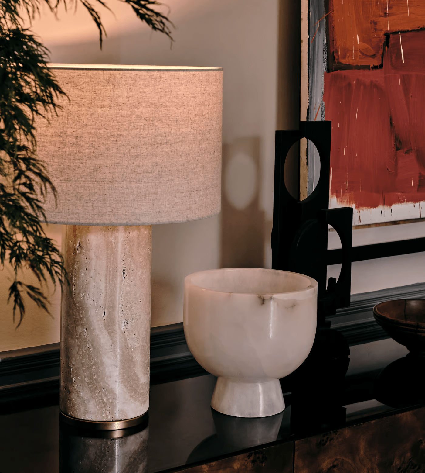 Vonoryra Cylindrical Travertine Table Lamp-Neutral Decor