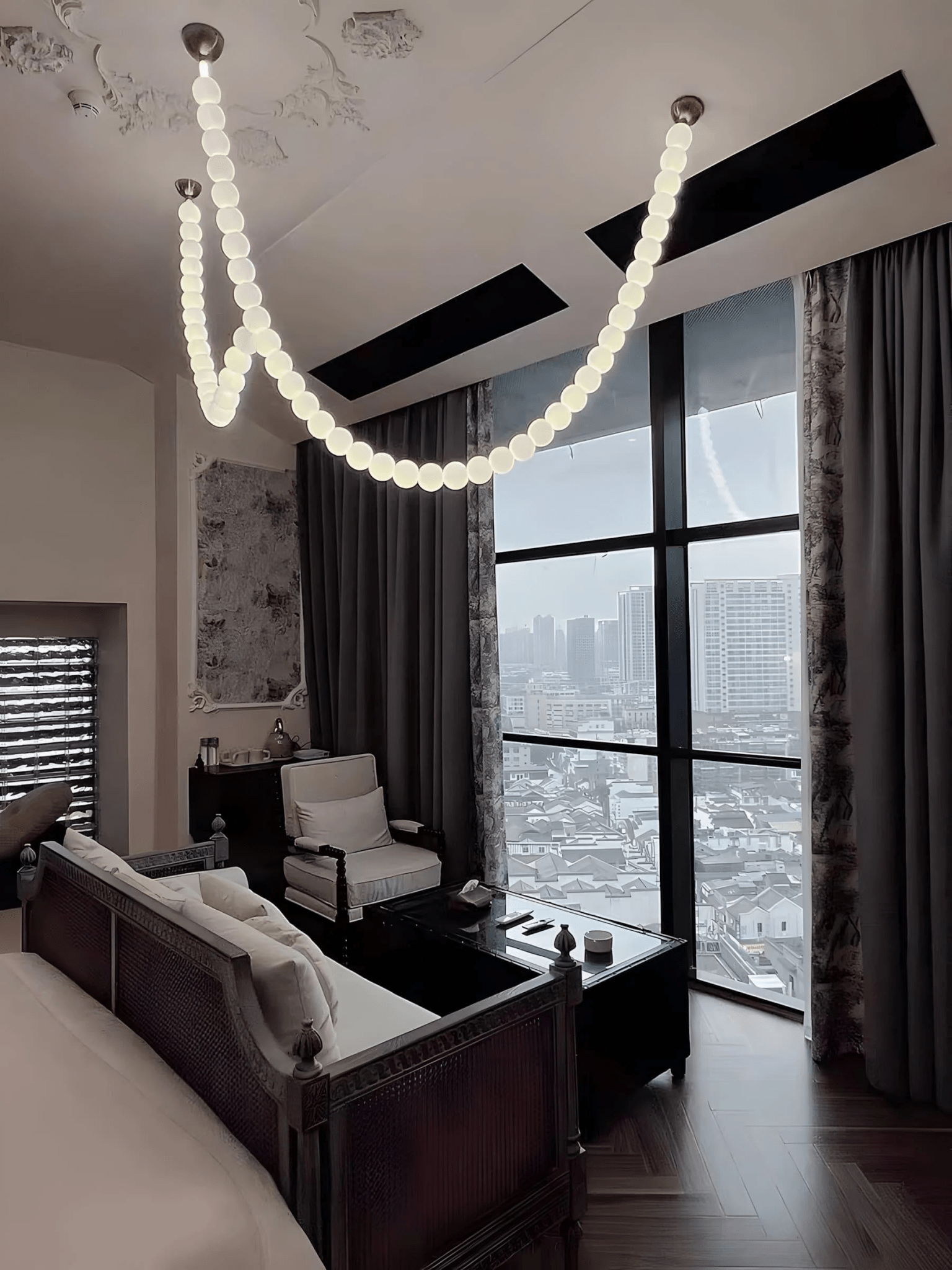 PearlCascade Glass Bead Chandelier-Neutral Decor