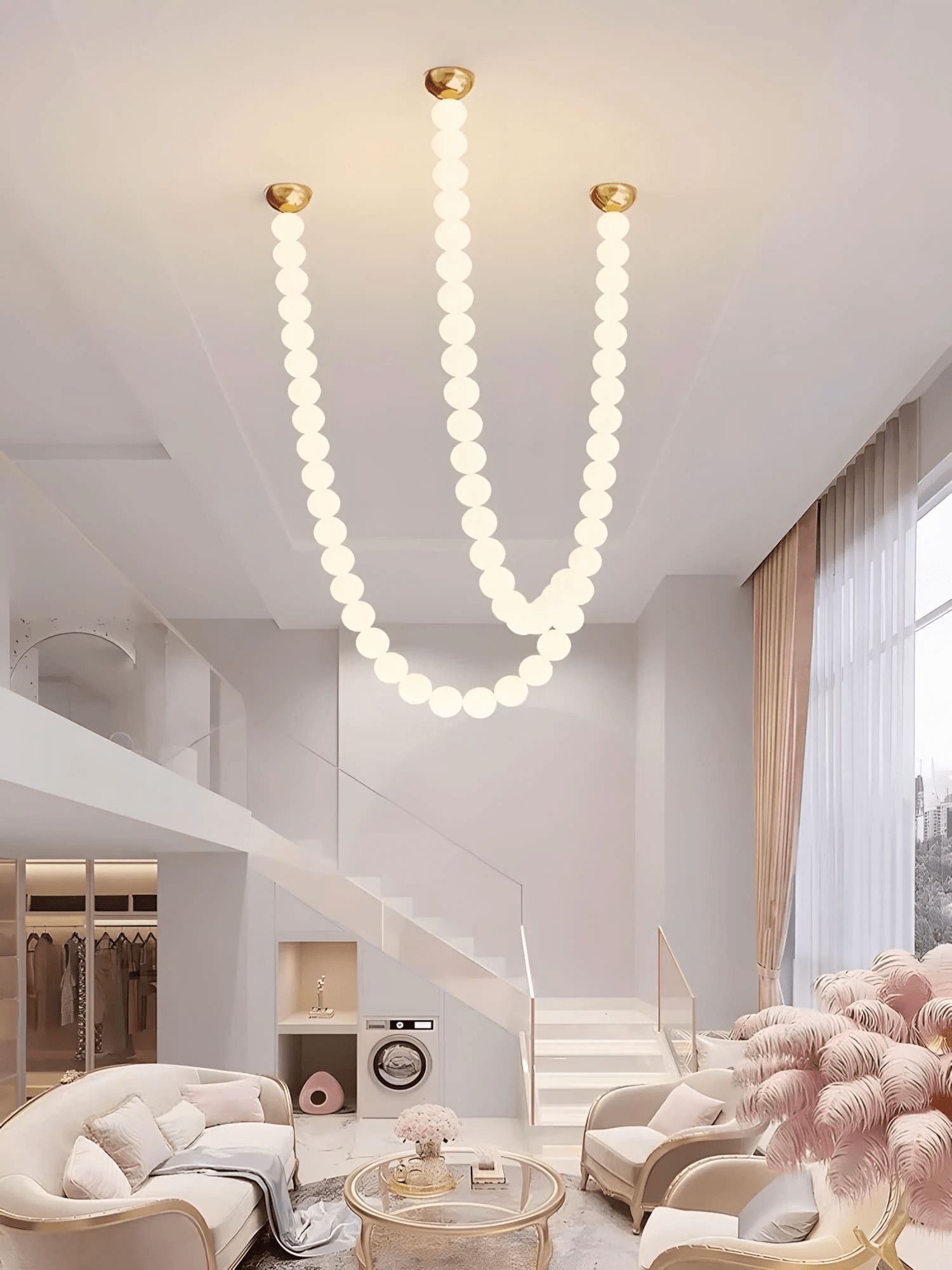 PearlCascade Glass Bead Chandelier-Neutral Decor