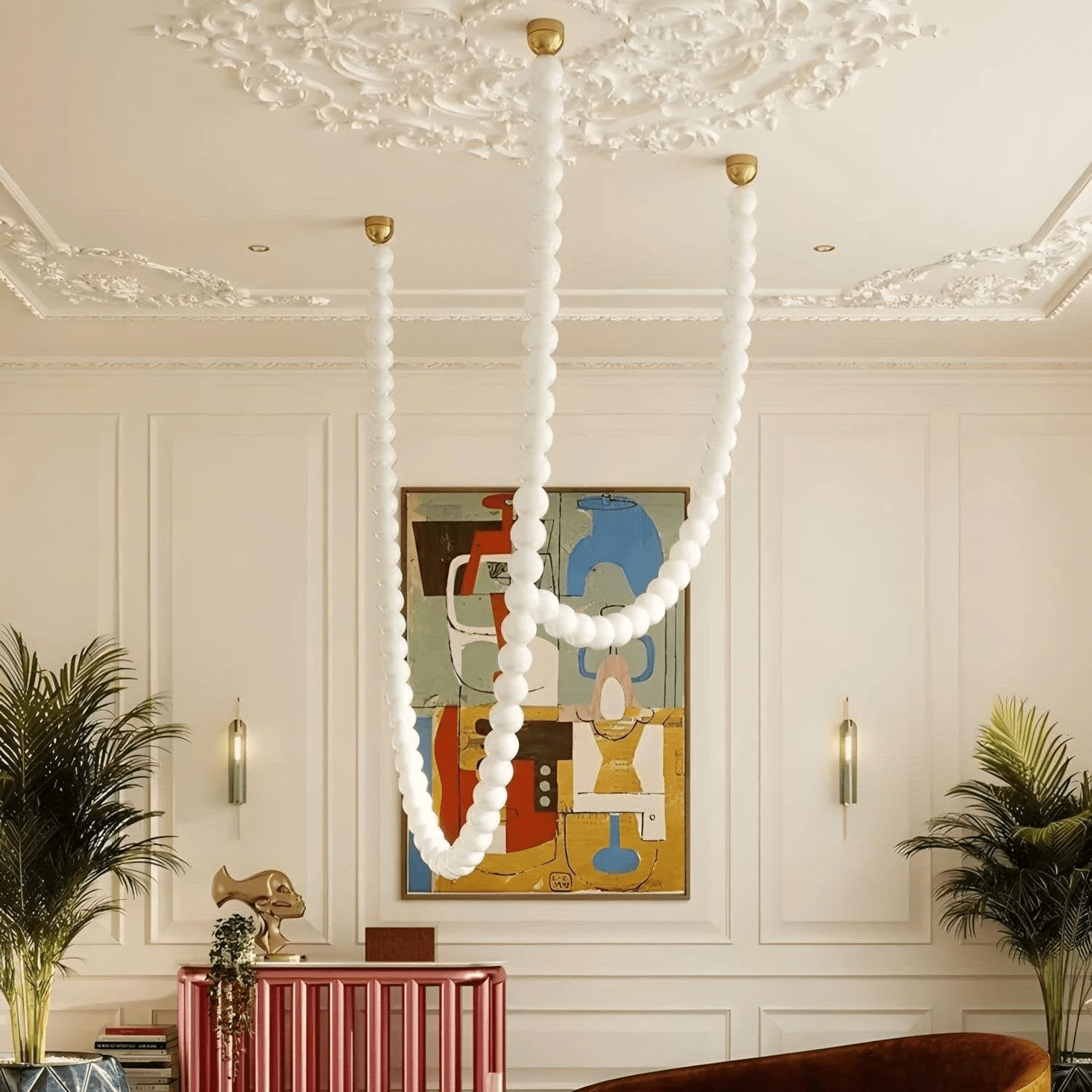 PearlCascade Glass Bead Chandelier-Neutral Decor