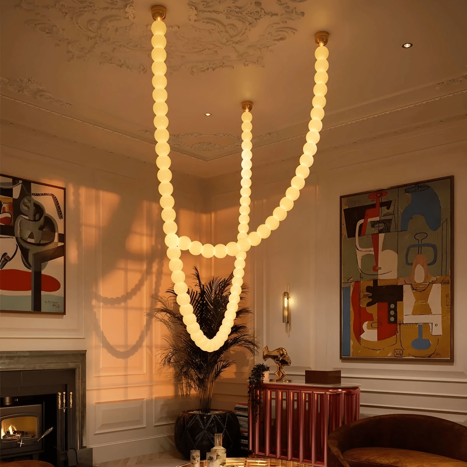 PearlCascade Glass Bead Chandelier-Neutral Decor