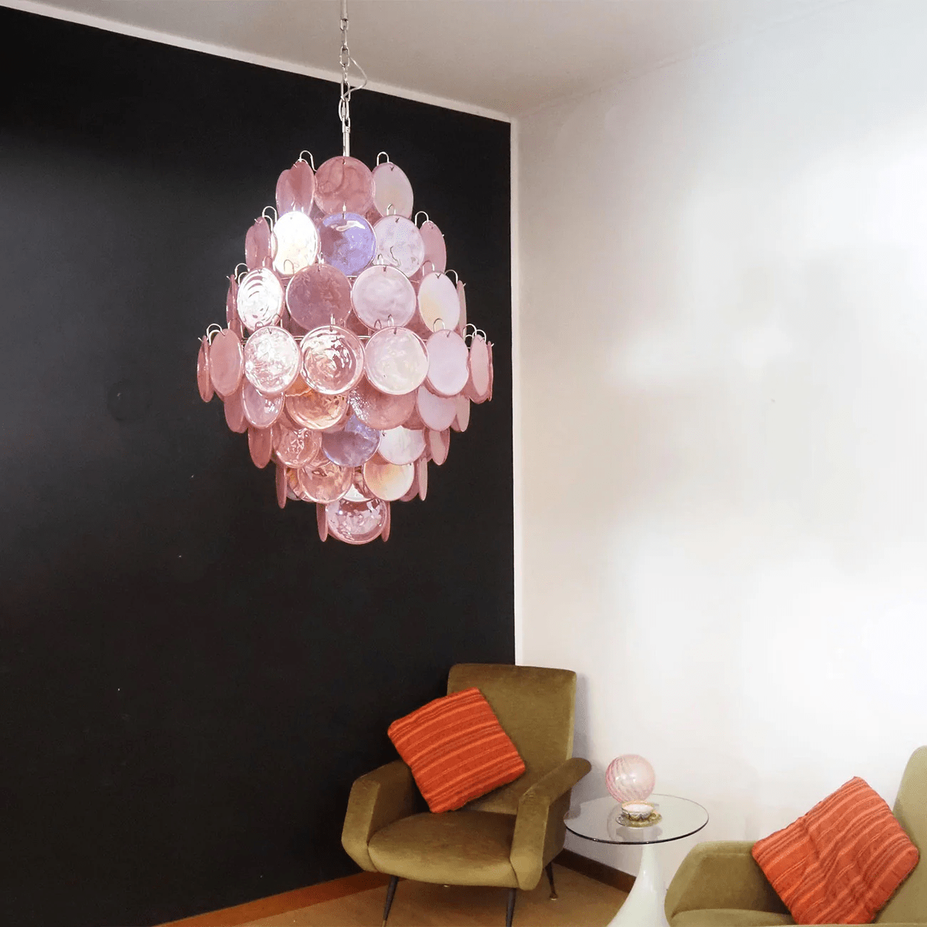 Aurora Chandelier Pink Murano Glass Handblown Discs-Neutral Decor
