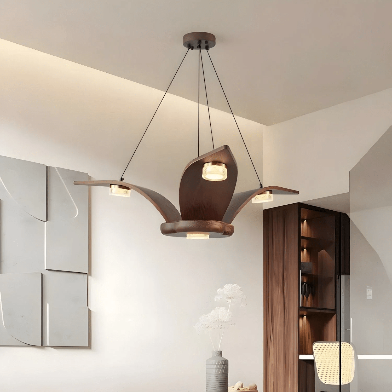 Rhexo Chandelier Walnut Wood Crystal Sculptural-Neutral Decor