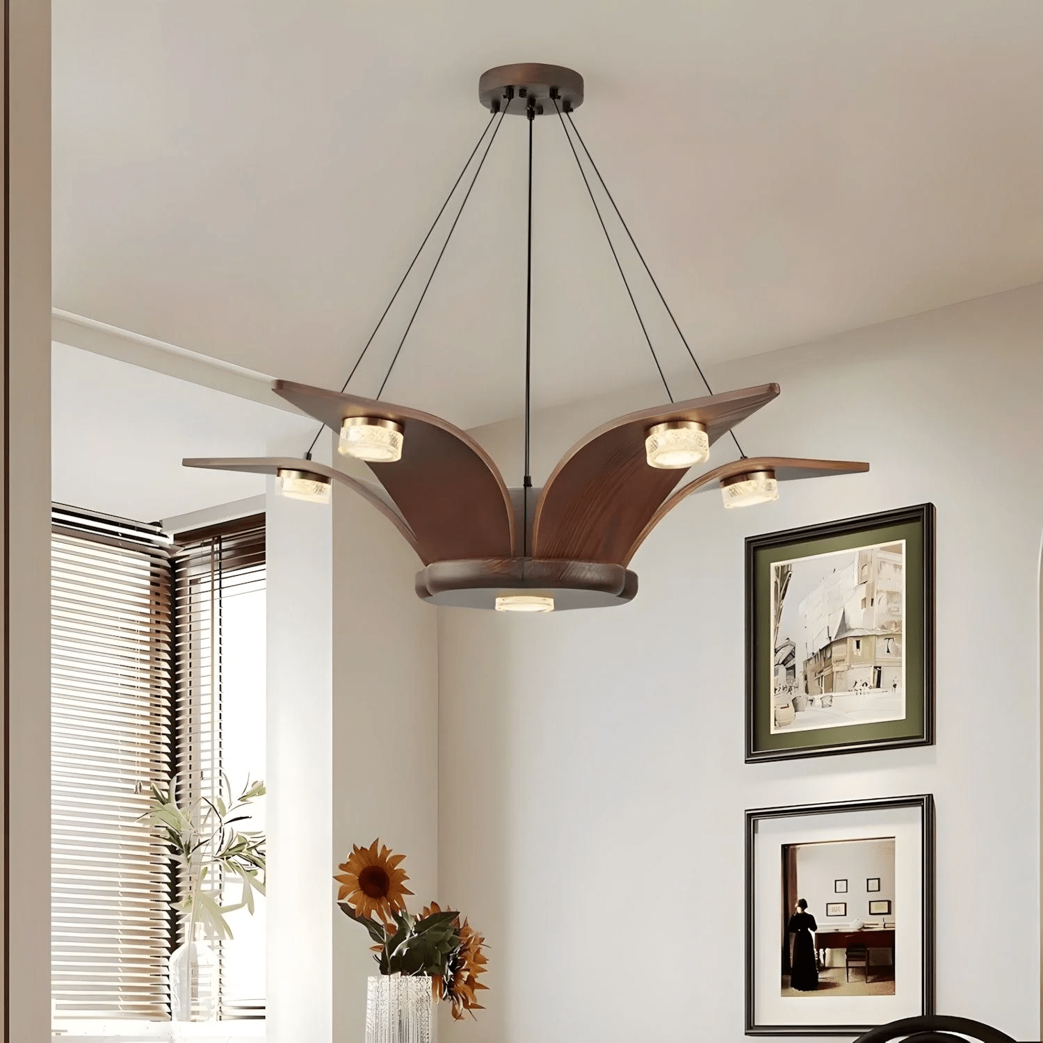 Rhexo Chandelier Walnut Wood Crystal Sculptural-Neutral Decor