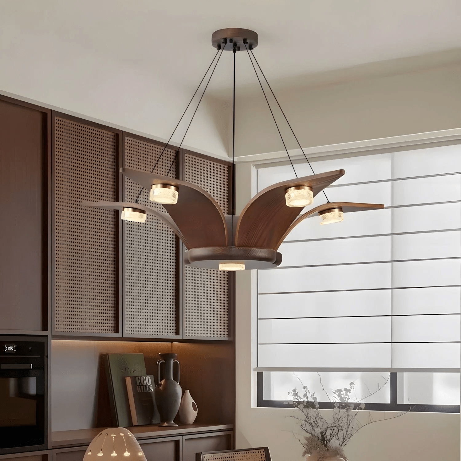 Rhexo Chandelier Walnut Wood Crystal Sculptural-Neutral Decor