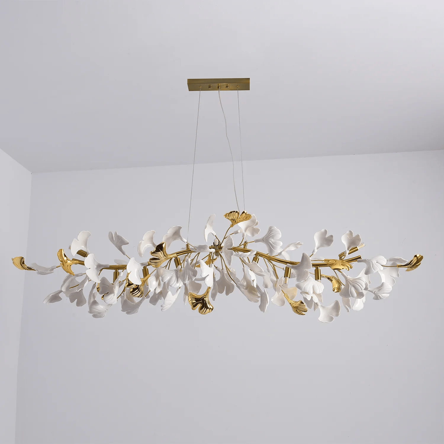 Dylo Chandelier Brass Linear Ginkgo Ceramic Petal Branch-Neutral Decor