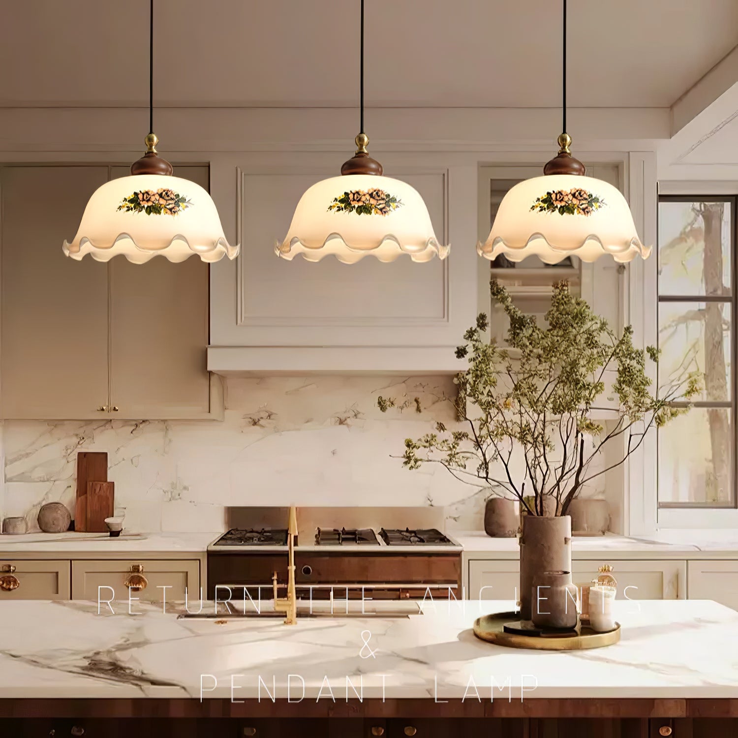 Floral Patterned Glass Pendant Light-Neutral Decor