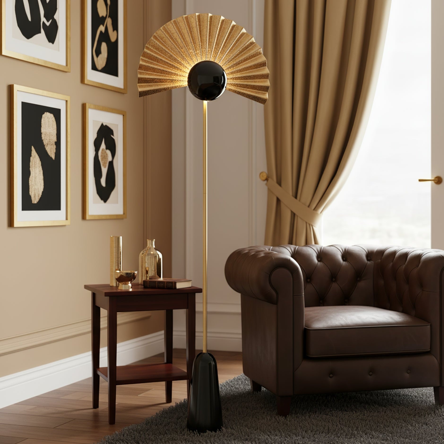 Gilded Fan Floor Lamp-Neutral Decor