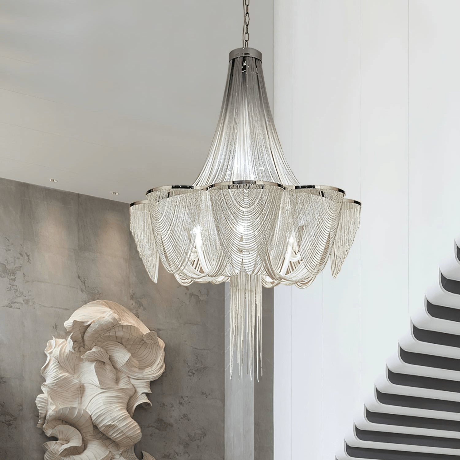 Silver Chain Tassel Chandelier-Neutral Decor
