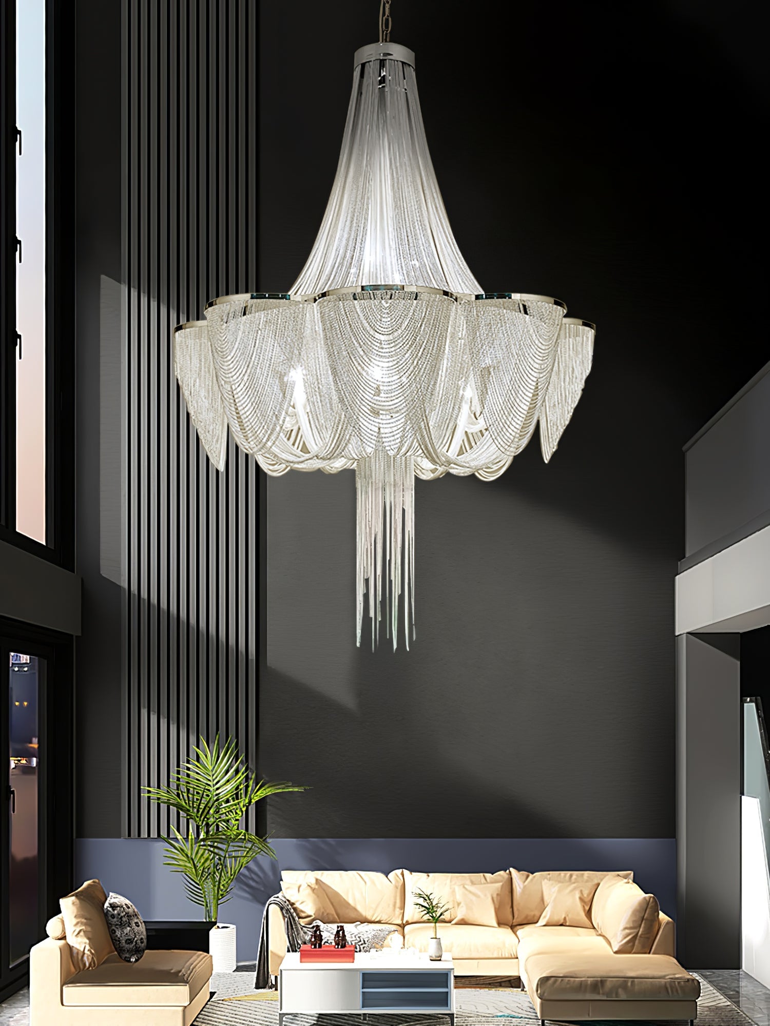 Silver Chain Tassel Chandelier-Neutral Decor