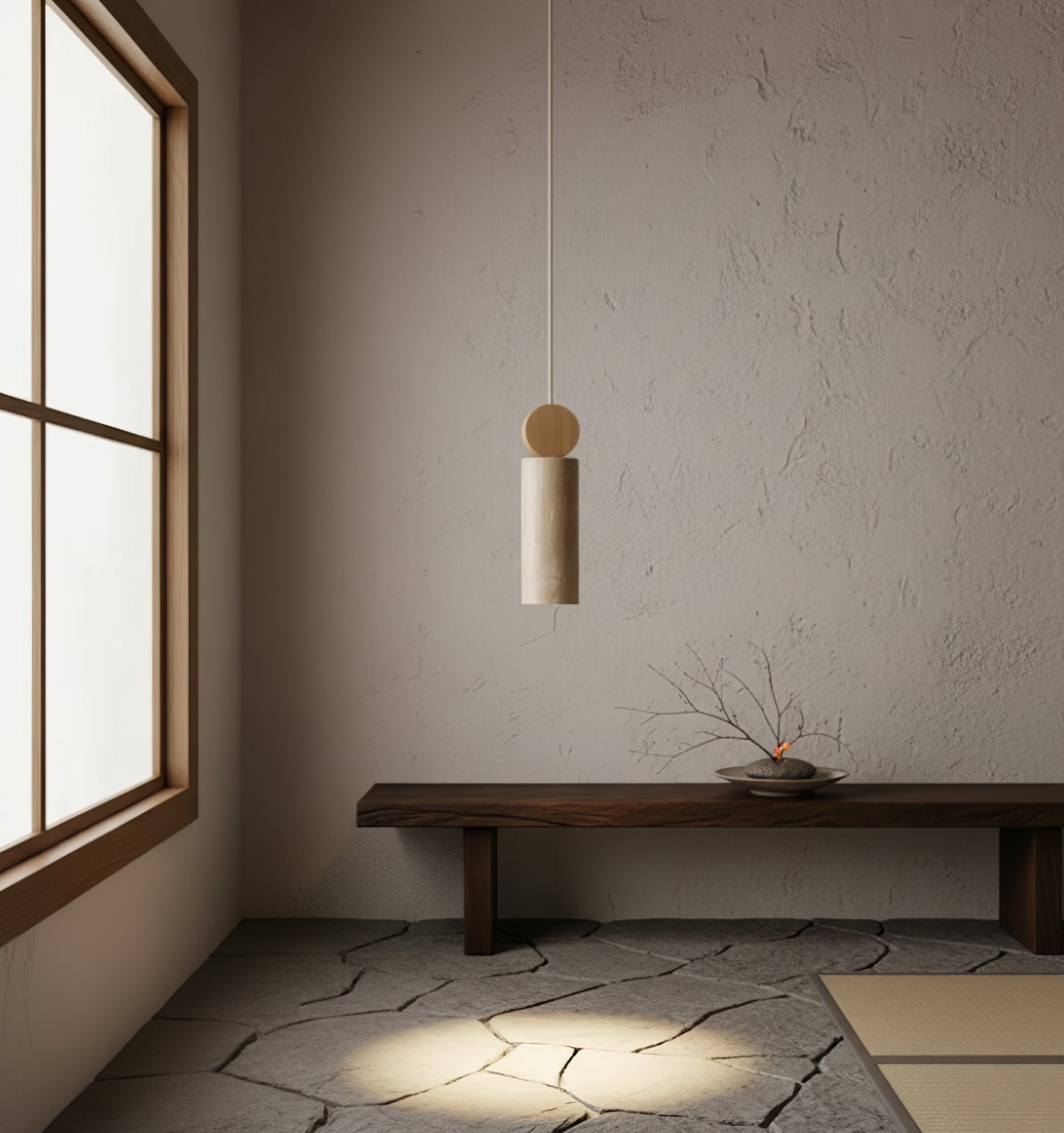 Travertine Cylinder Disc Pendant Light-Neutral Decor