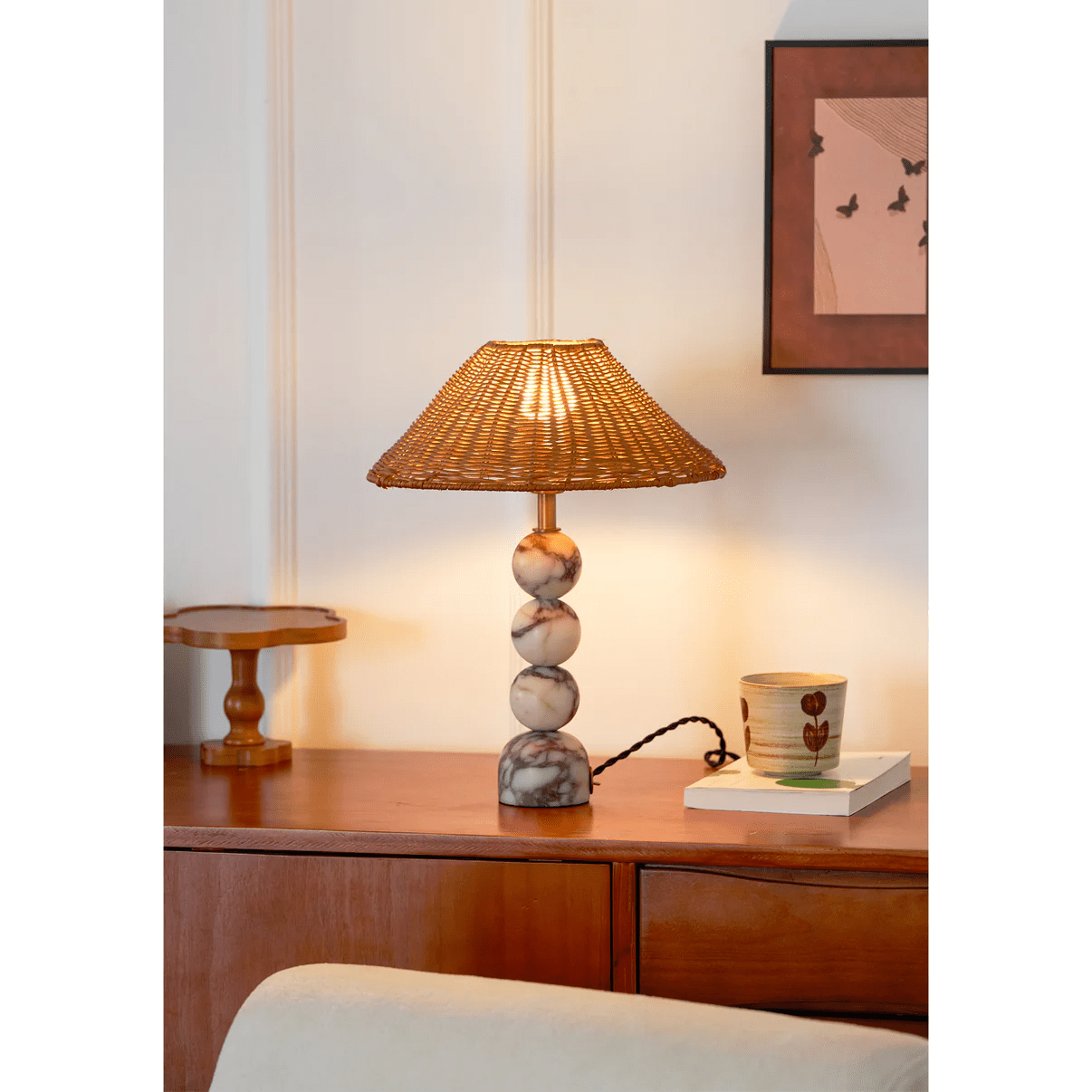 Marble Orb Rattan Table Lamp-Neutral Decor