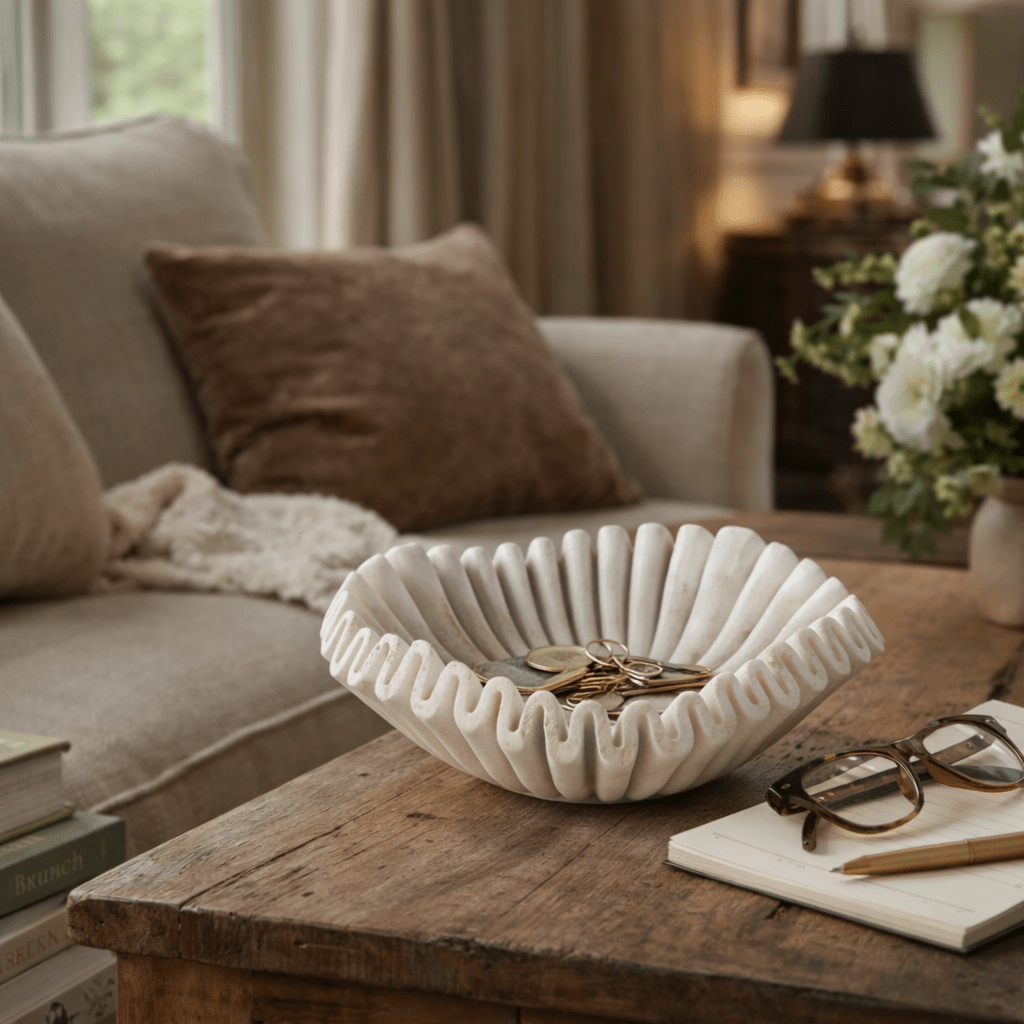 Flute Fold Stone Vessel Storage Tray-Neutral Decor