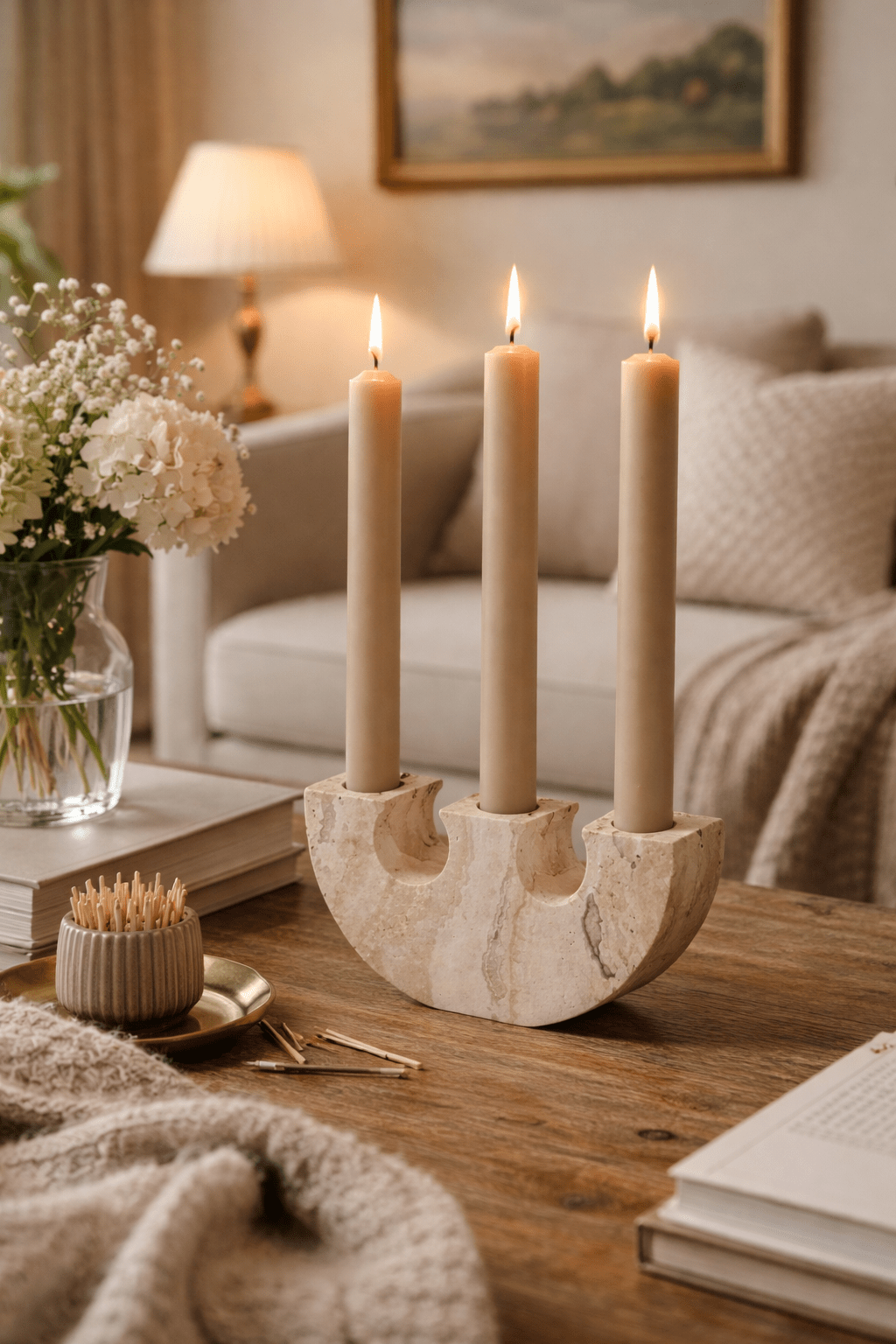 Rowan Yellow Travertine Candle Holder-Neutral Decor