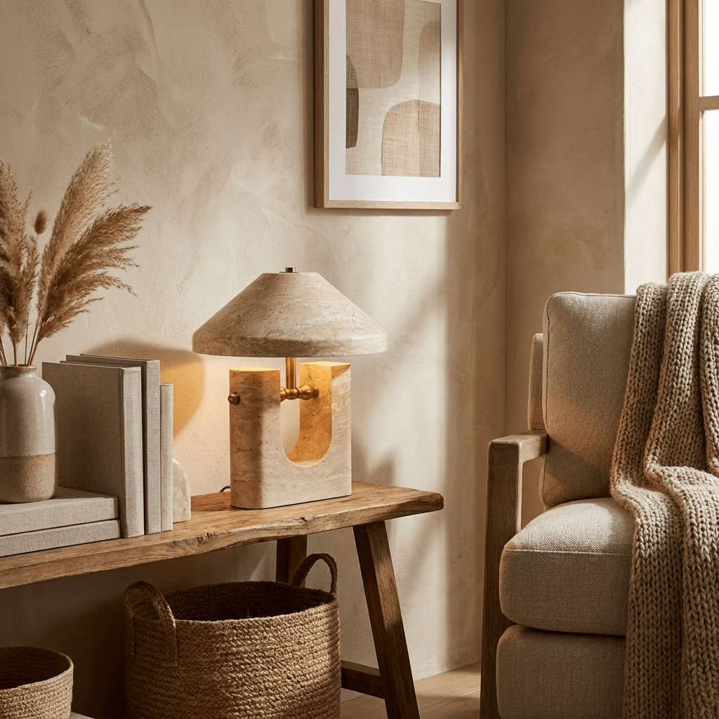 Solvra Yellow Travertine Table Lamp-Neutral Decor