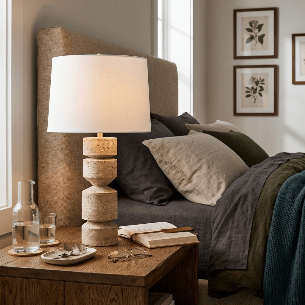 Geometric Travertine Table Lamp-Neutral Decor