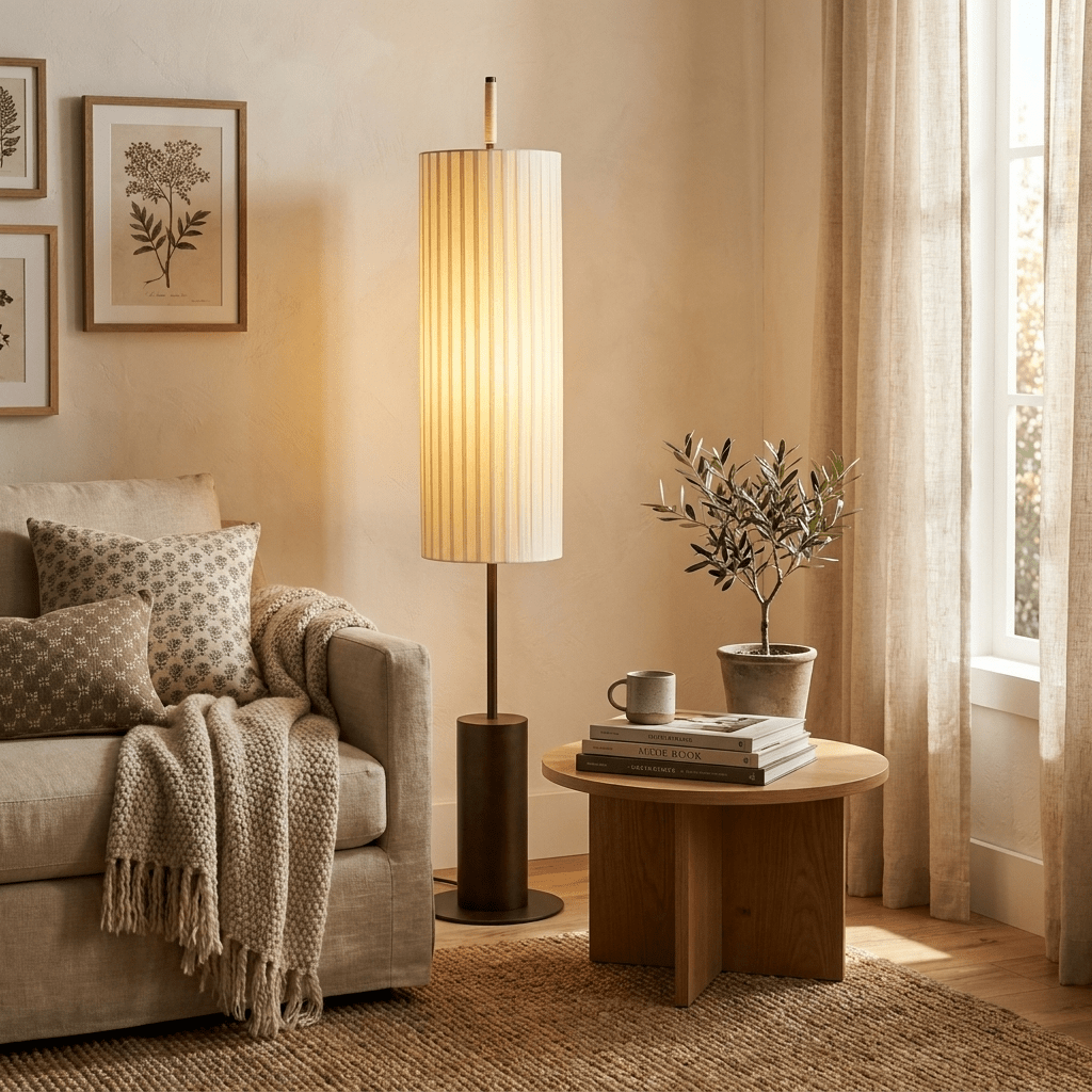 Pleated Cylinder Floor Lamp-Neutral Decor