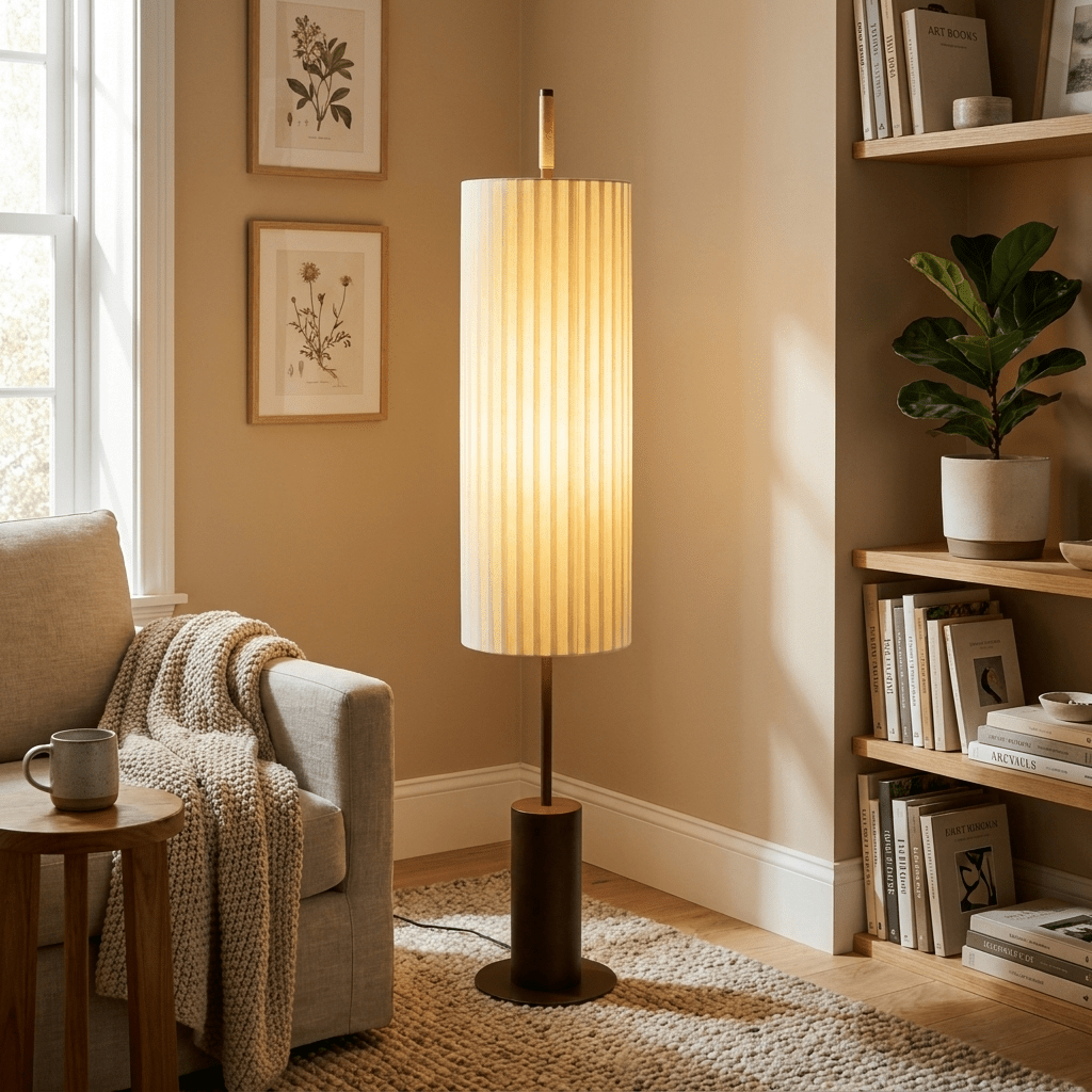 Pleated Cylinder Floor Lamp-Neutral Decor