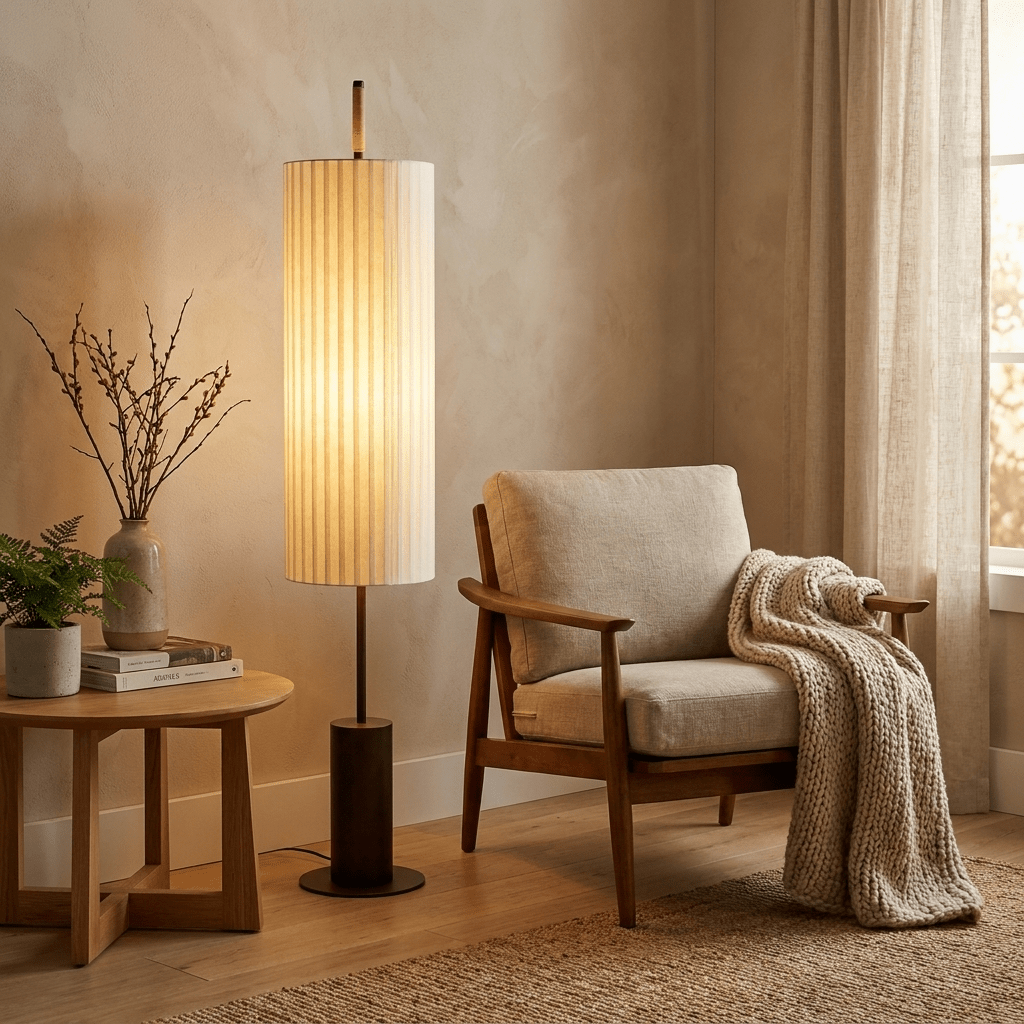 Pleated Cylinder Floor Lamp-Neutral Decor