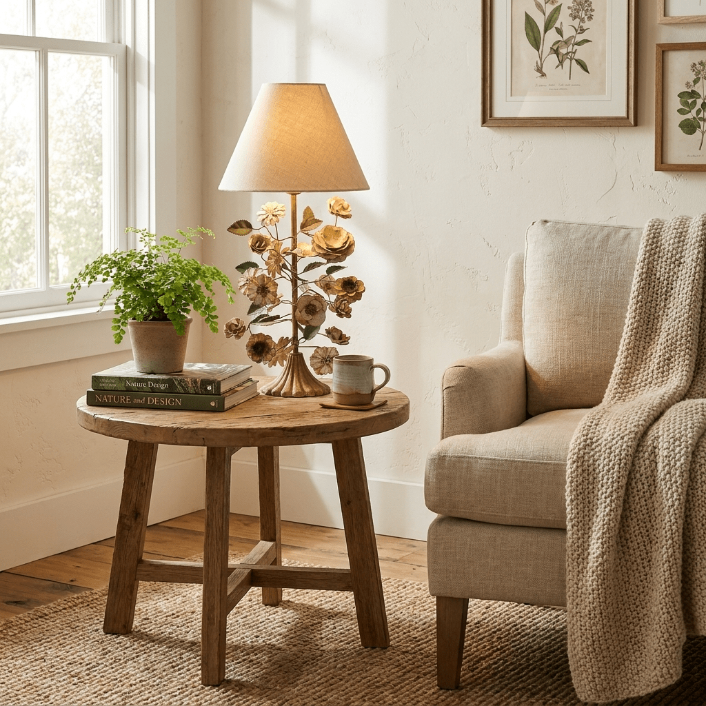 Sculpted Metal Floral Table Lamp-Neutral Decor