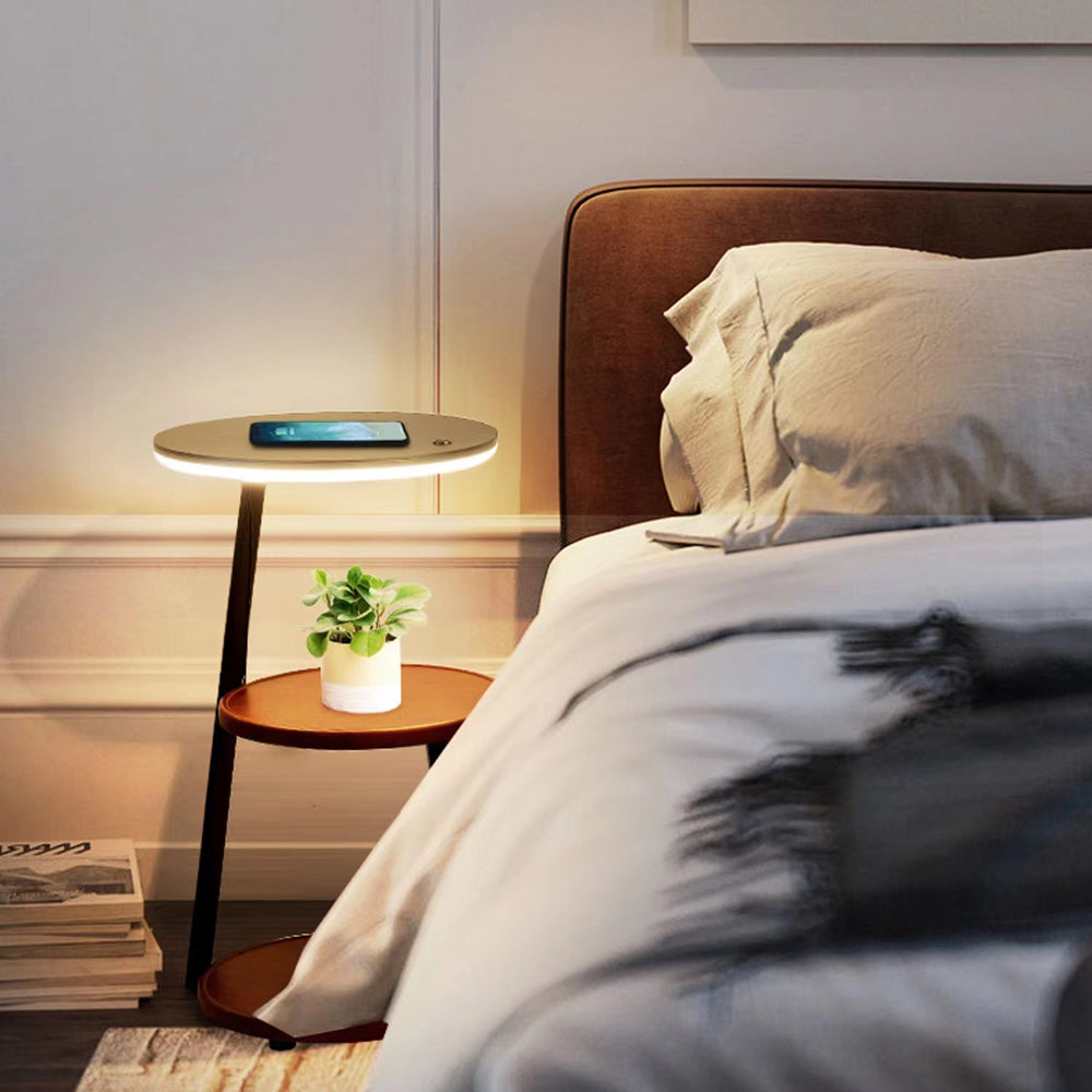 Muto Natural Round Wood Floor Lamp With Table Bedroom - Neutral Decor