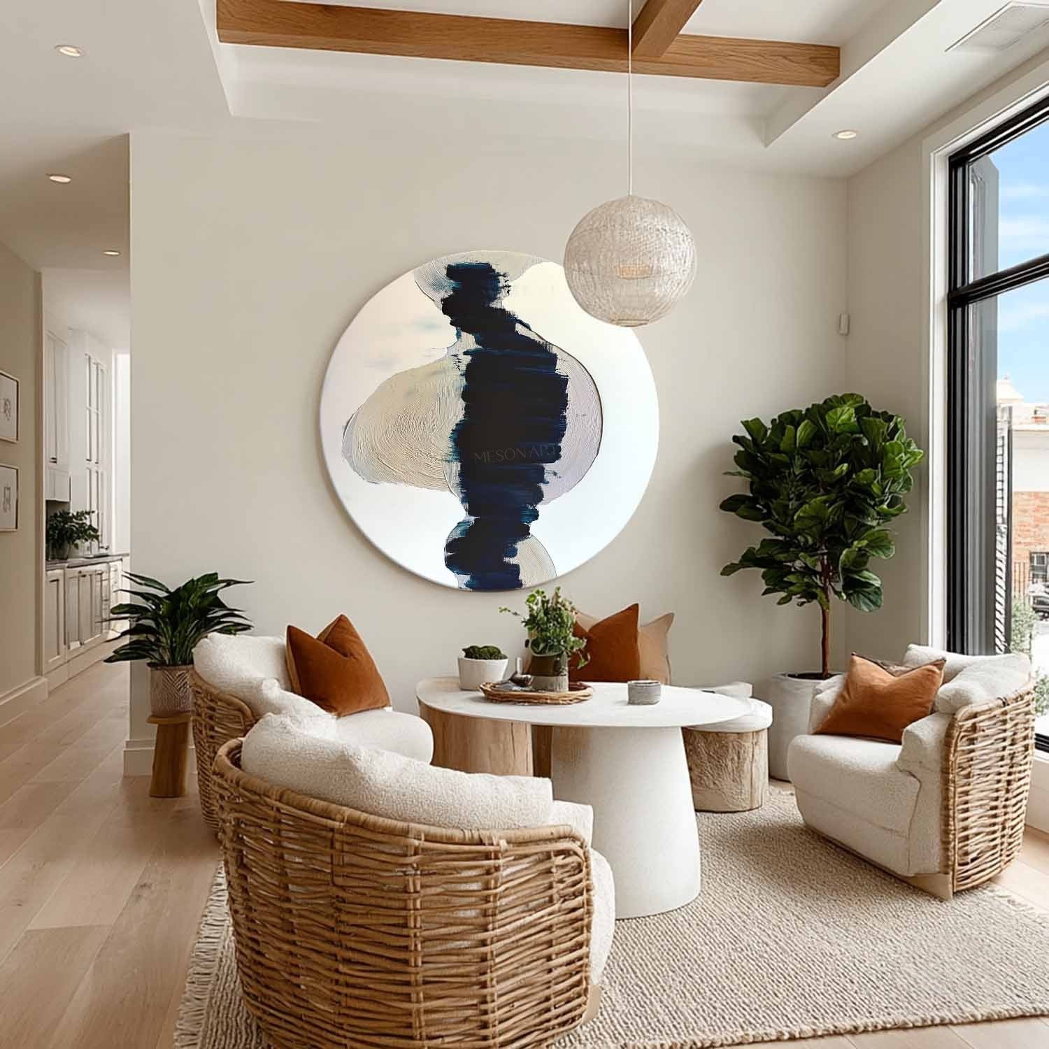 Wall Art Round Navy Beige Brushstroke - Neutralighting