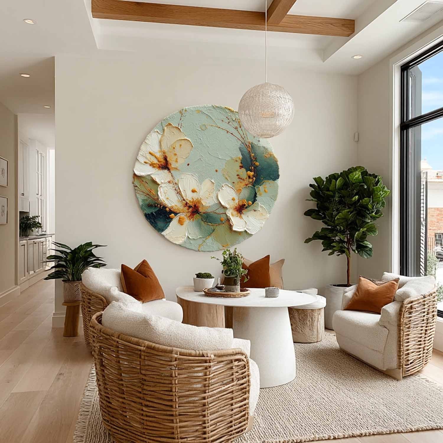Wall Art Round White Floral Gold Accents - Neutralighting