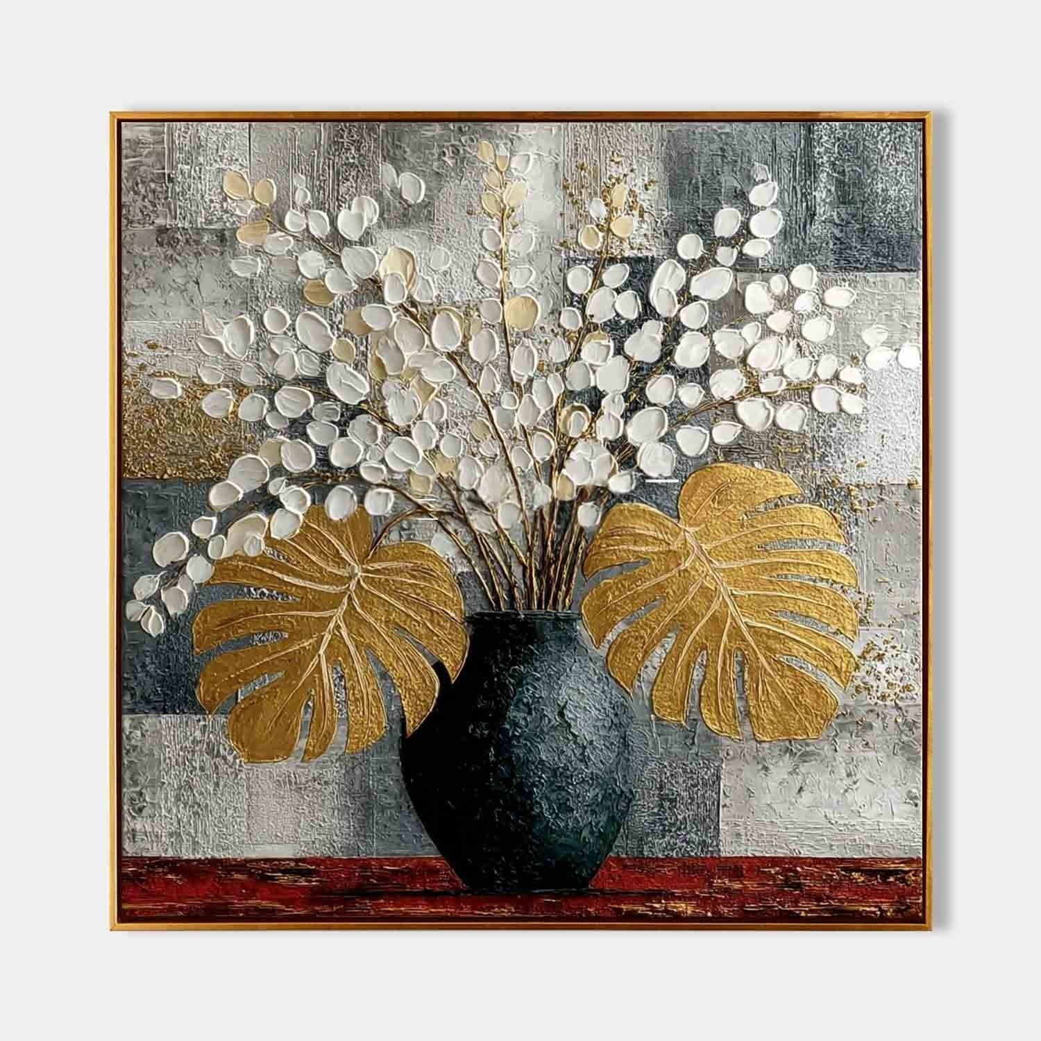 Gold Monstera White Blossoms Impasto Painting - Neutralighting