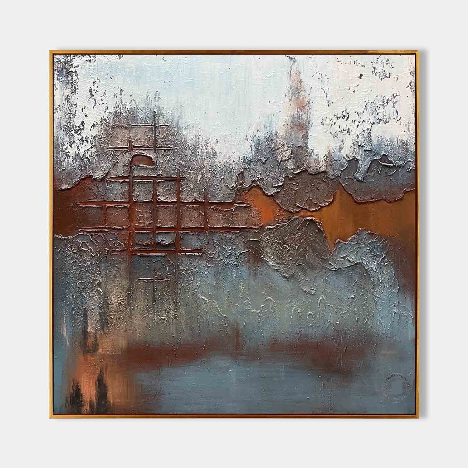 Wall Art Abstract Rustic Grid Blue Orange - Neutralighting