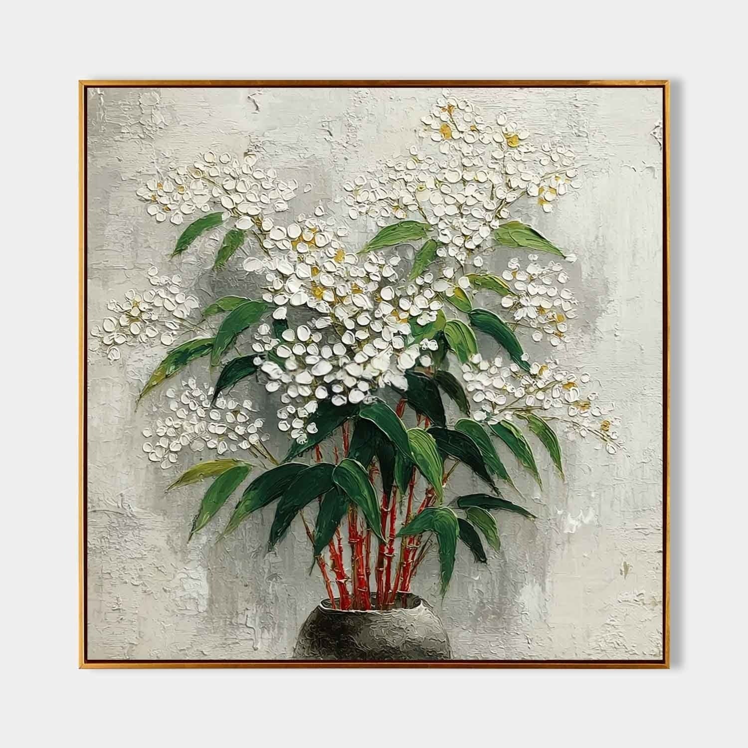 White Blossoms Red Stems Impasto Painting - Neutralighting