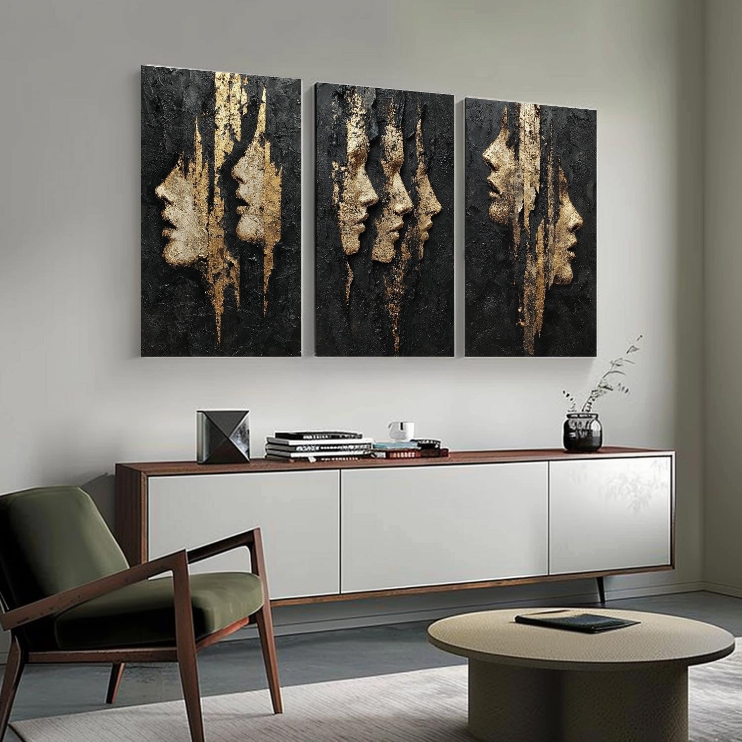 Black and Gold Abstract Faces Triptych Painting - Neutralighting