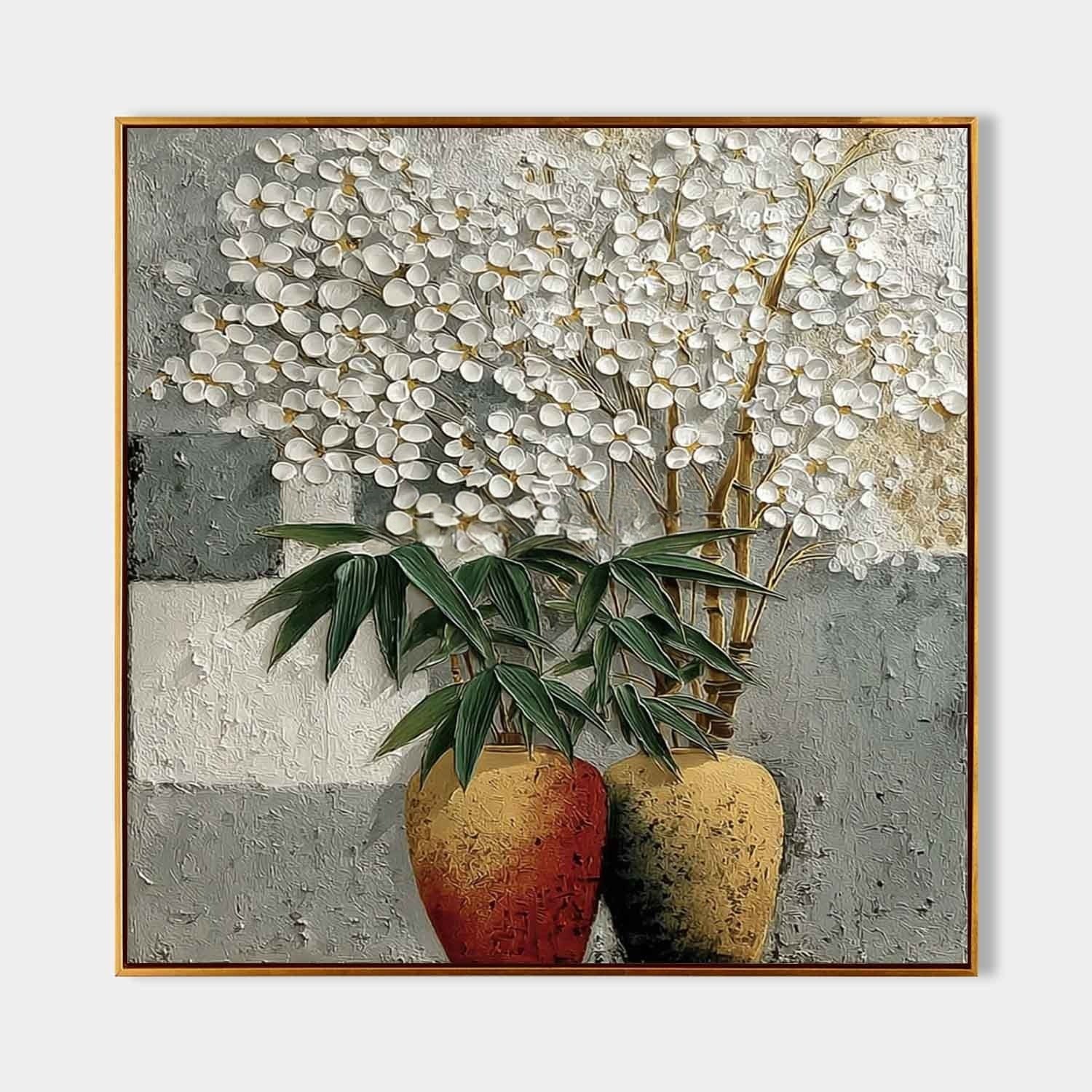 White Blossoms Gold Vases Impasto Painting - Neutralighting