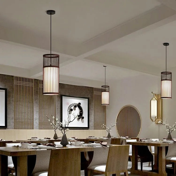 Ritta Weave Cylinder Pendant Light, Coffee/Wood, Metal/Bamboo - Neutral Decor