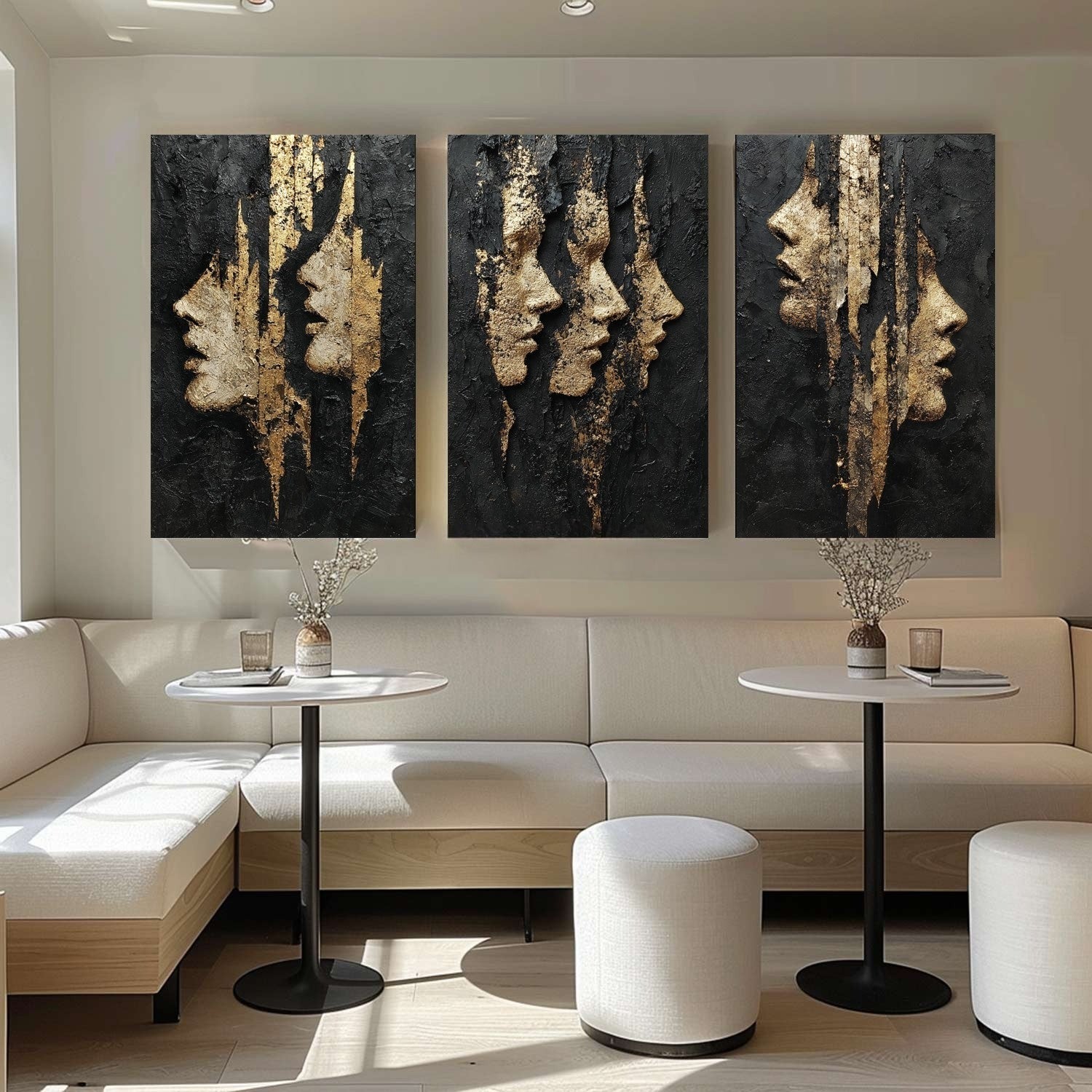 Black and Gold Abstract Faces Triptych Painting - Neutralighting