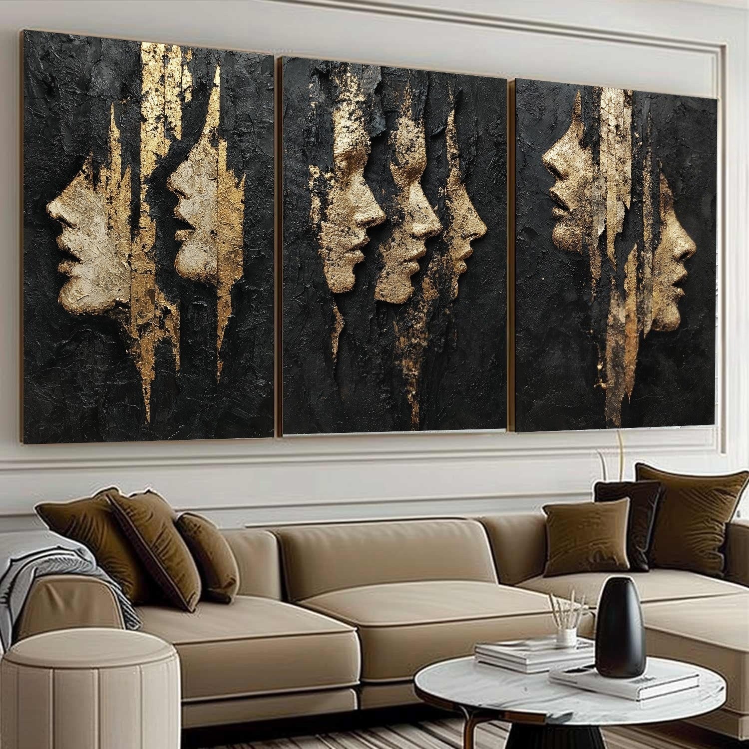 Black and Gold Abstract Faces Triptych Painting - Neutralighting